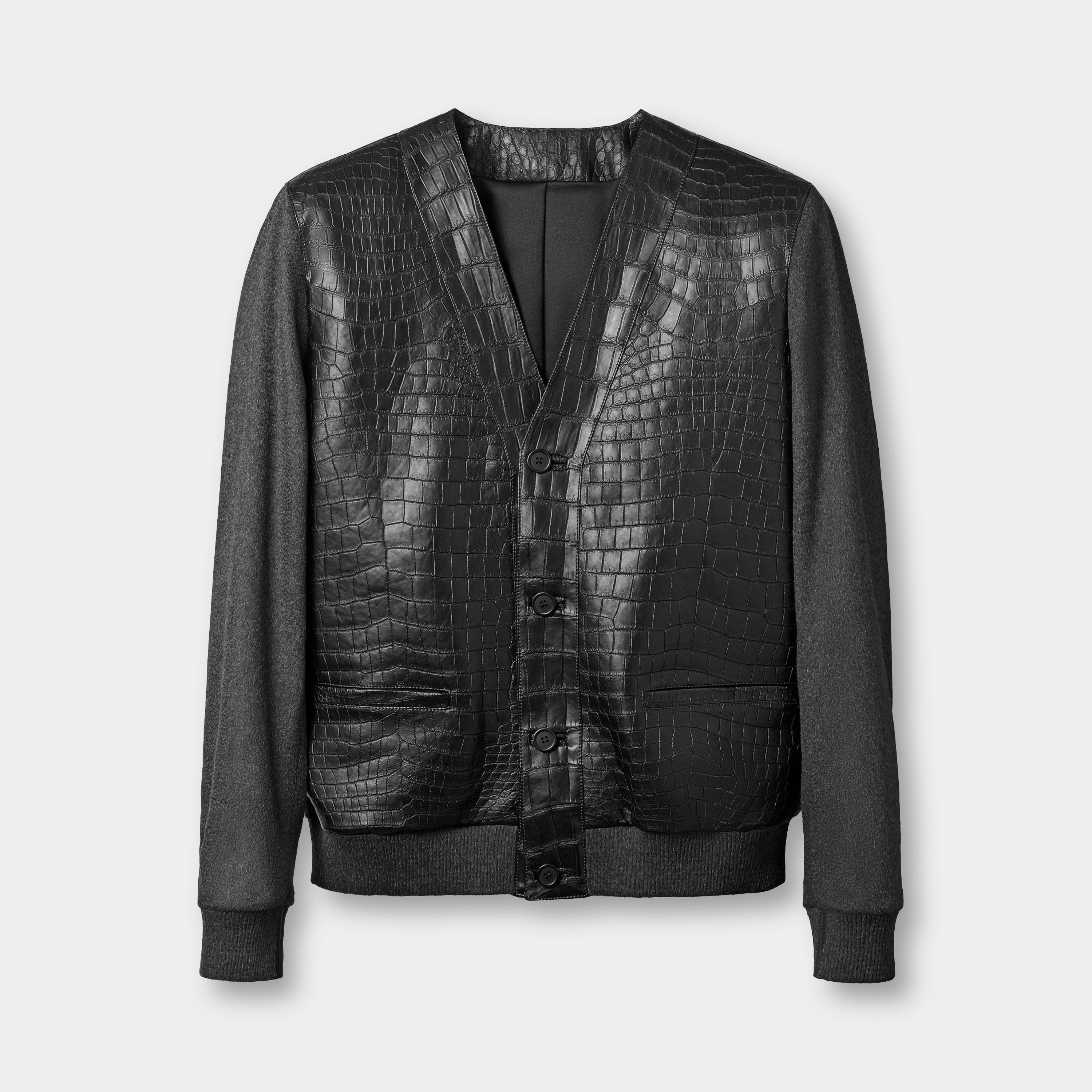 Tokyo cardigan front view with button detail, crocodile leather and cashmere – Elitter Milano