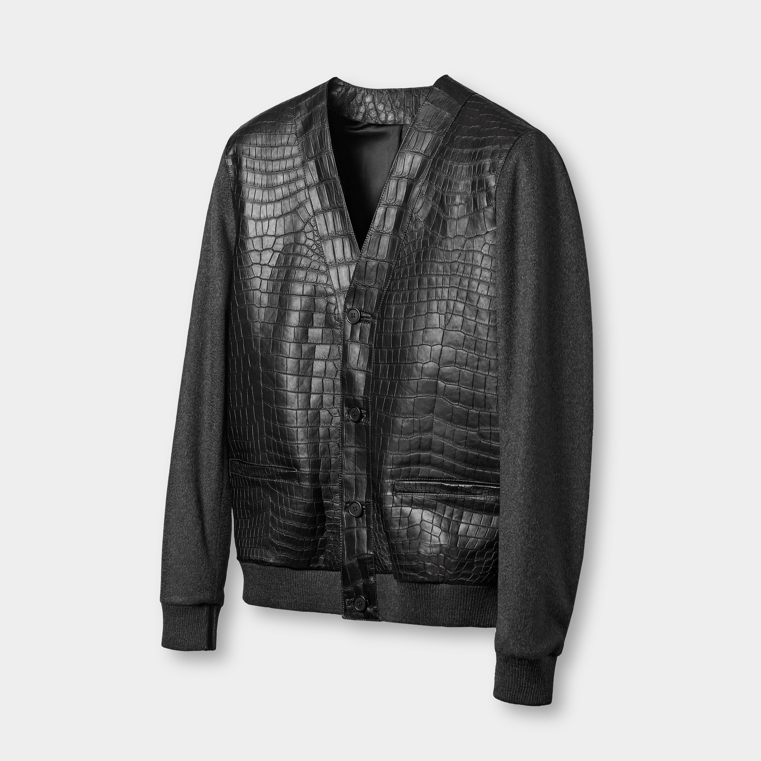 Tokyo cardigan front view closed, crocodile leather and cashmere hybrid cardigan – Elitter Milano