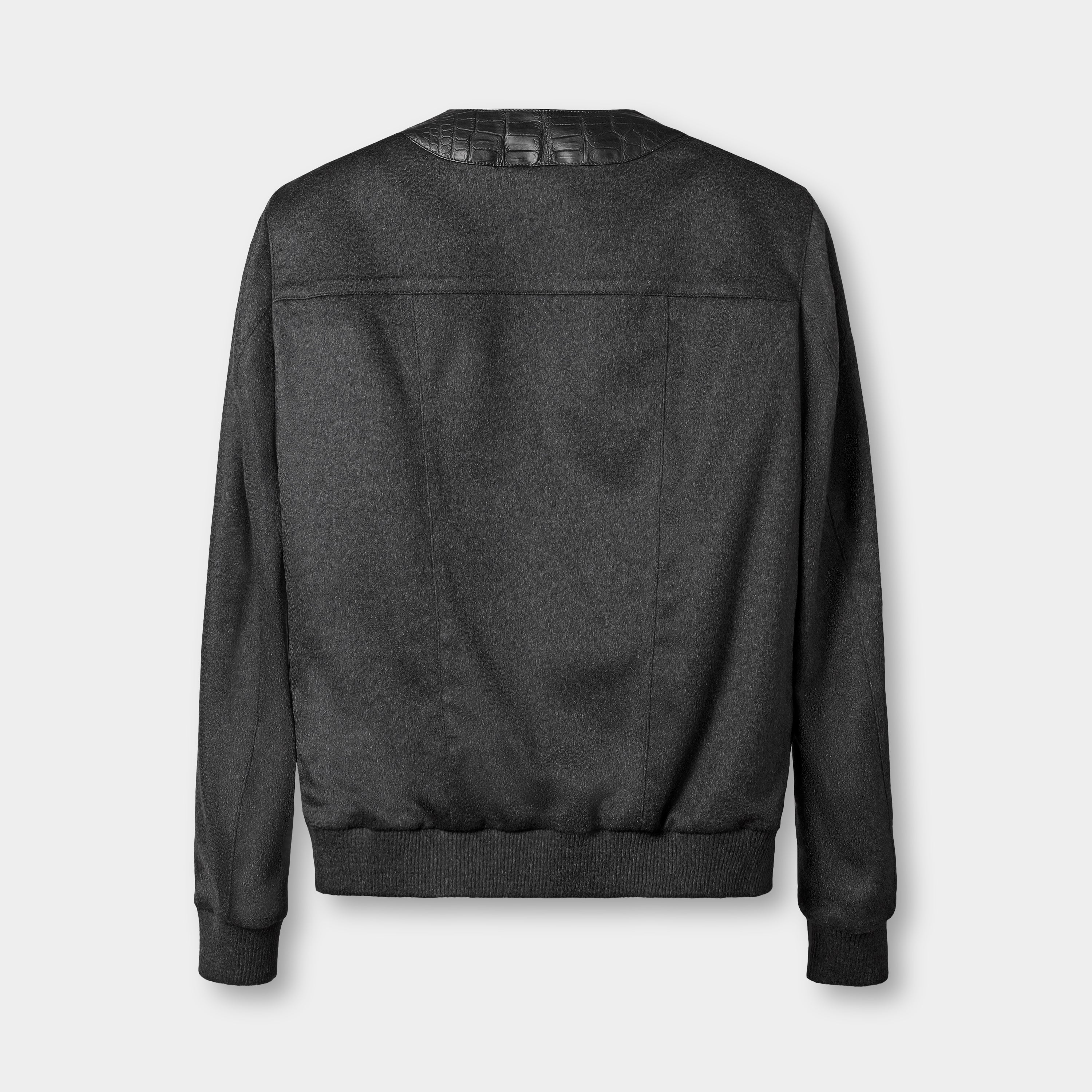 Tokyo cardigan back view, cashmere knit body with crocodile leather collar – Elitter Milano