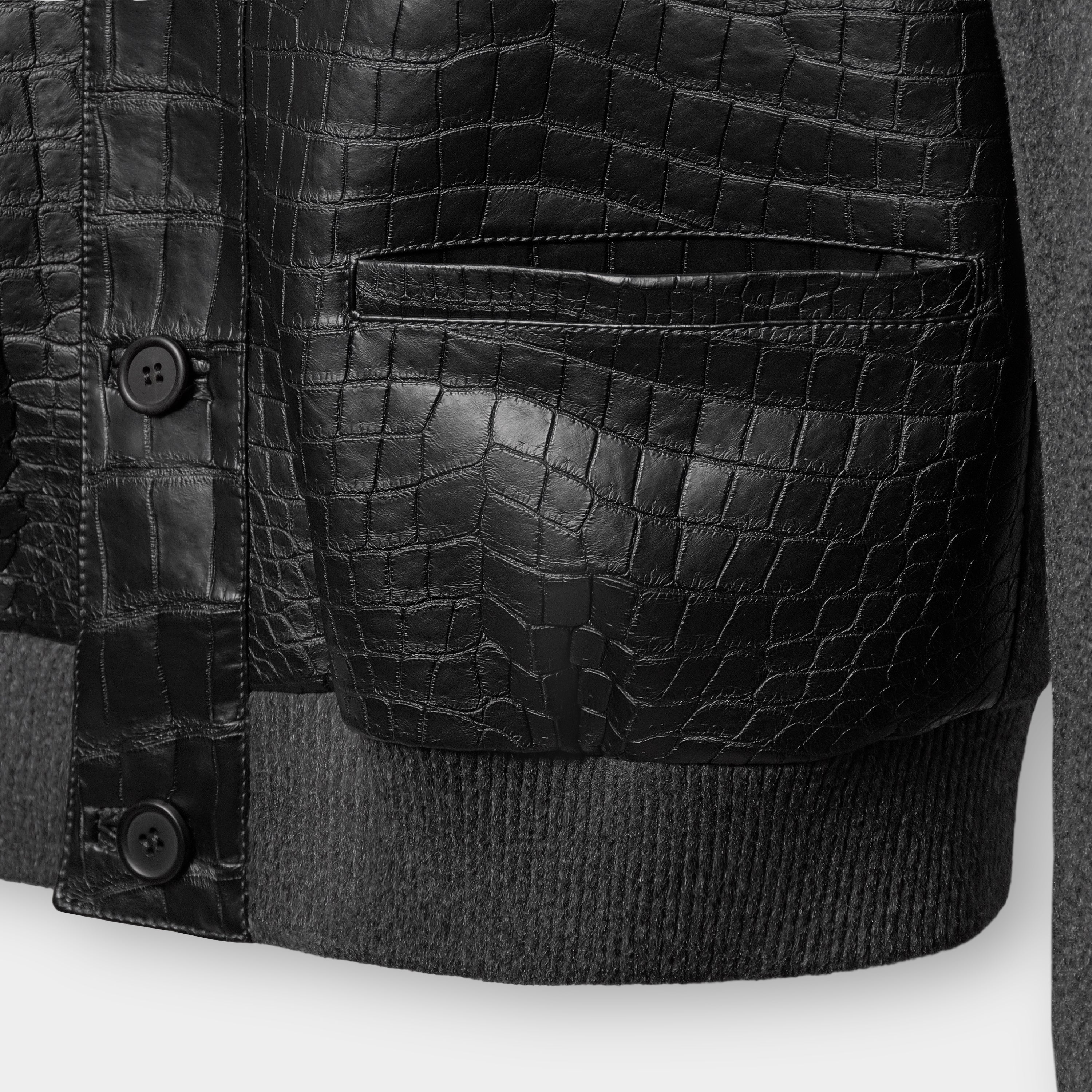 Tokyo cardigan front pocket close-up, crocodile leather and rib knit hem – Elitter Milano