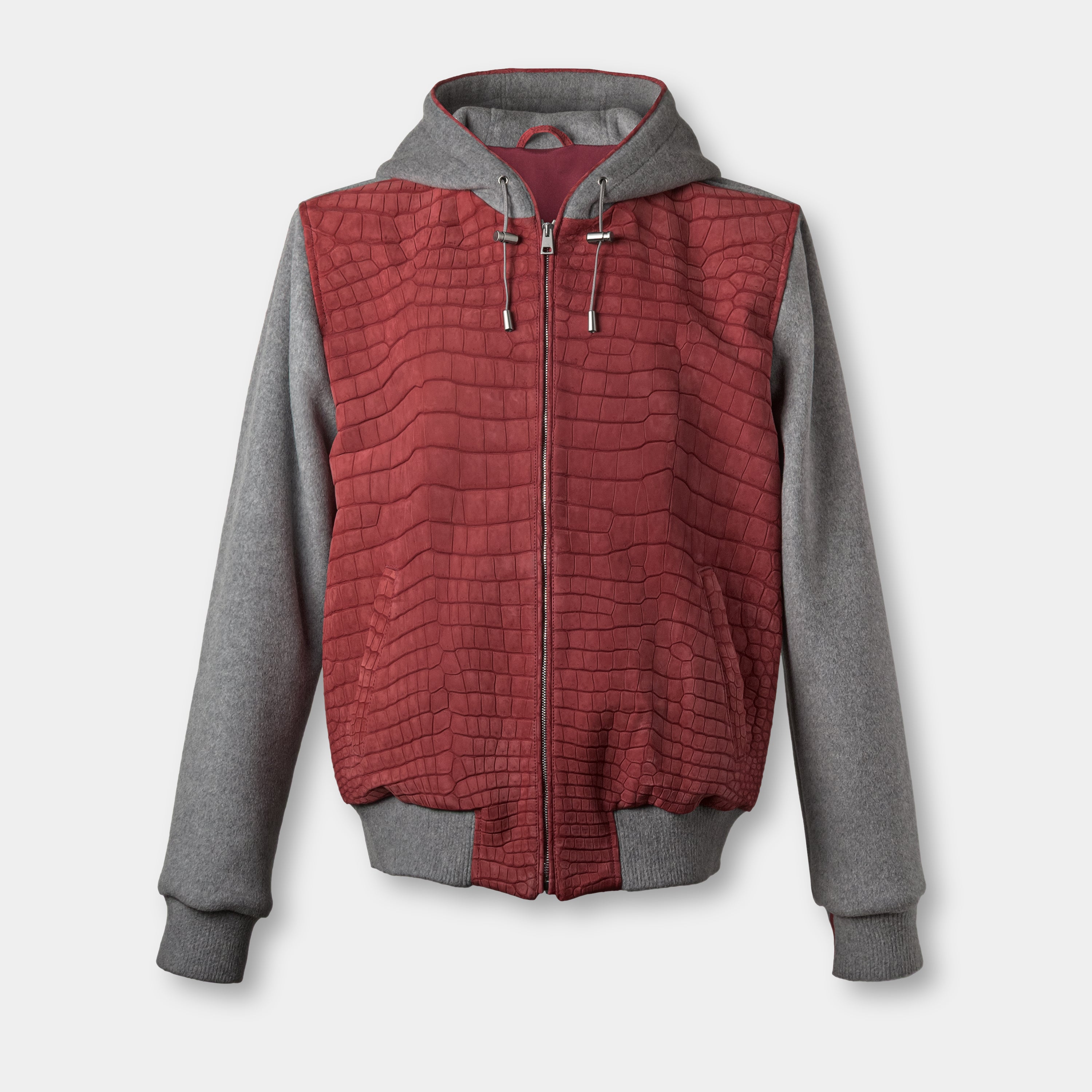 Chicago hoodie bomber front view flat lay, red crocodile leather and grey cashmere – Elitter Milano