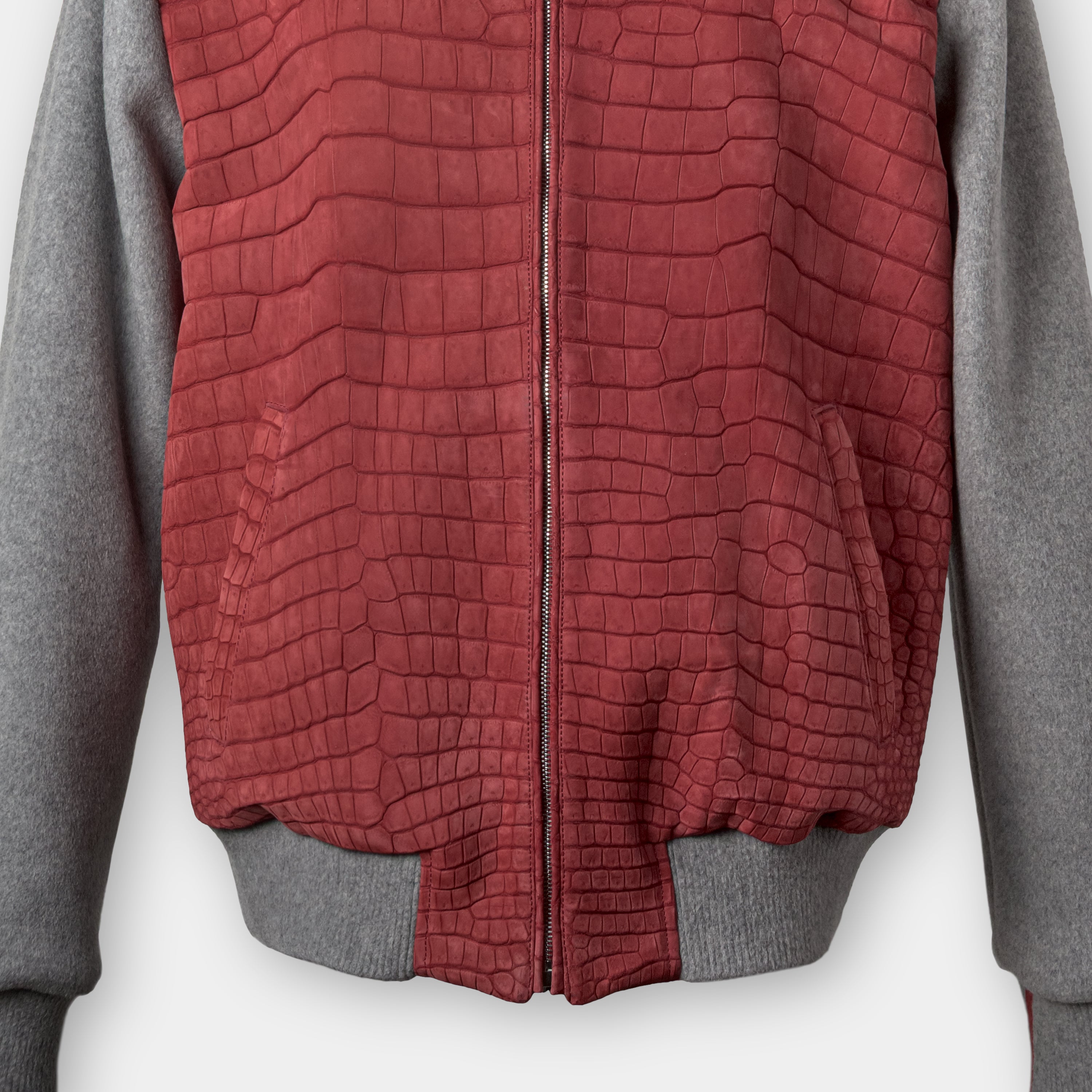 Chicago hoodie bomber front lower detail, crocodile leather panel and cashmere sleeve – Elitter Milano