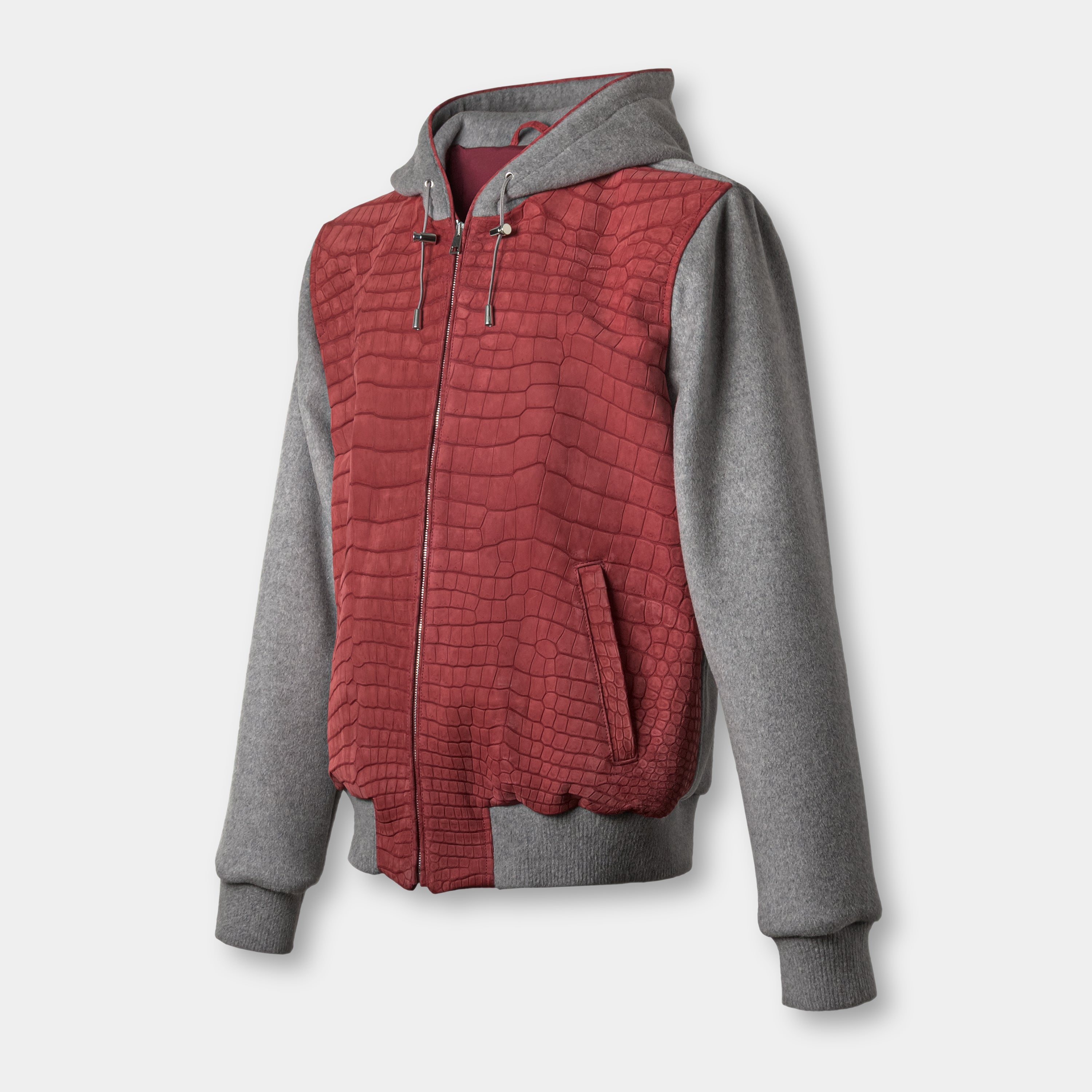 Chicago hoodie bomber front view closed, red crocodile leather and grey cashmere jacket – Elitter Milano