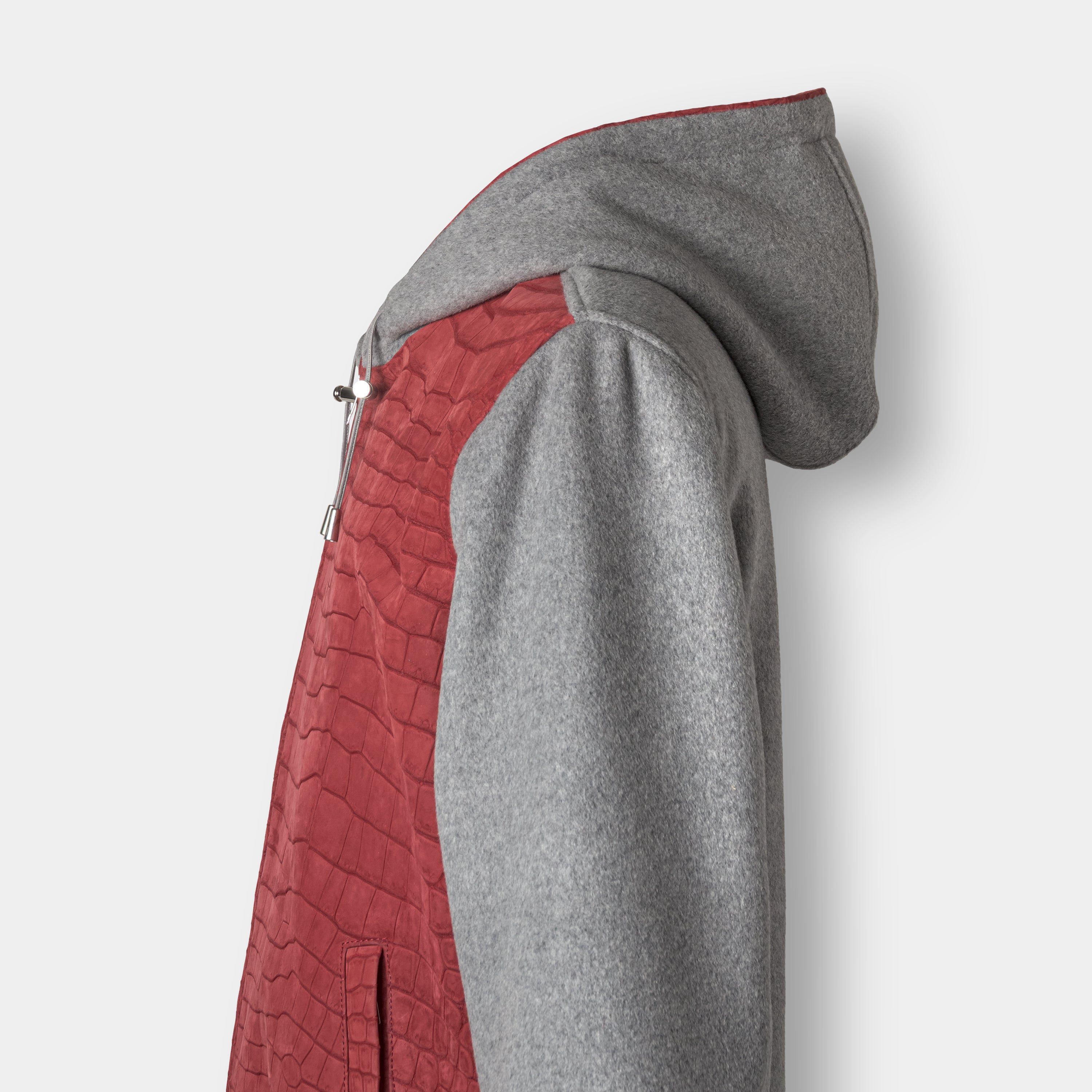 Chicago hoodie bomber side view, grey cashmere hood and body with red crocodile leather – Elitter Milano