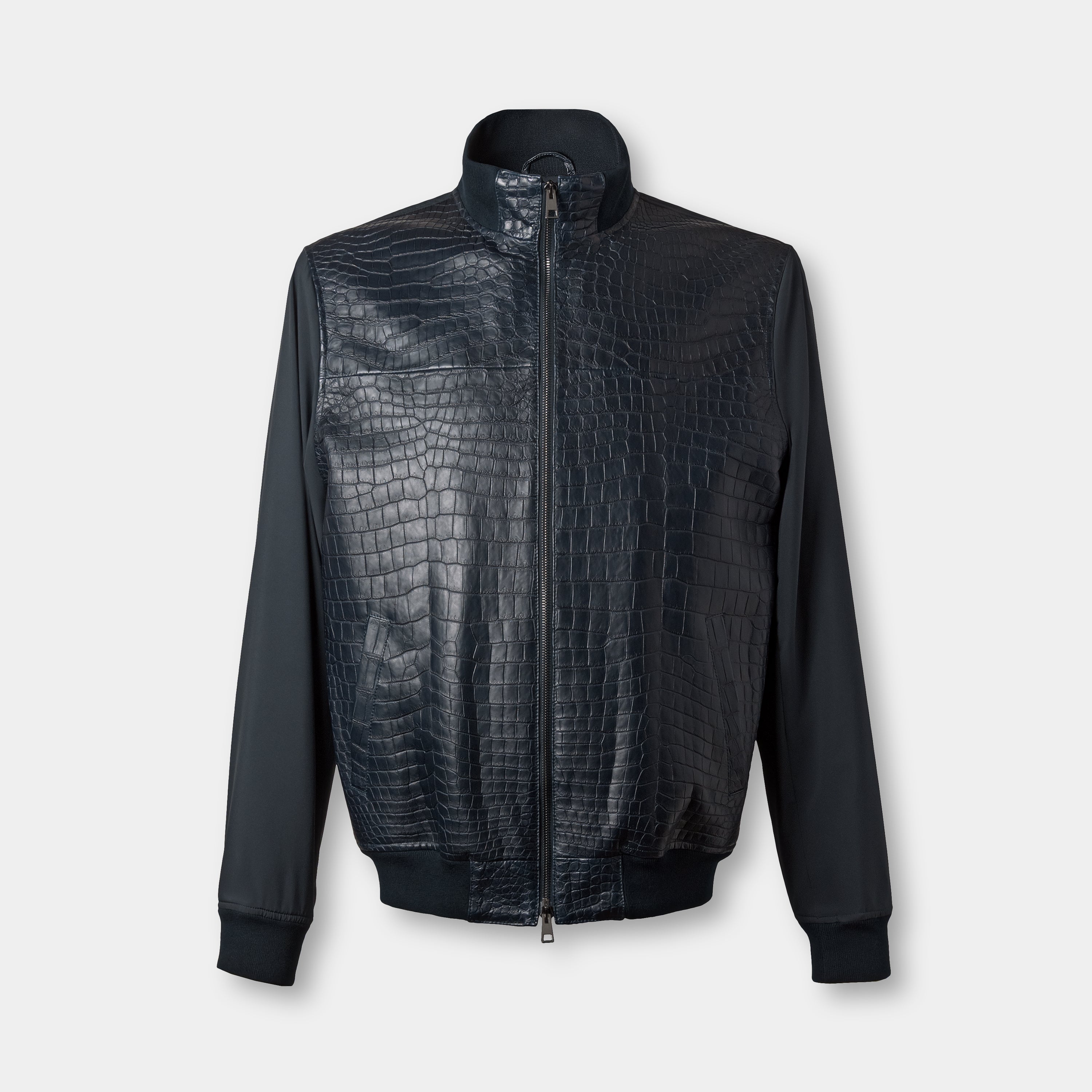 Monaco light bomber front view flat lay, crocodile leather and technical nylon jacket – Elitter Milano