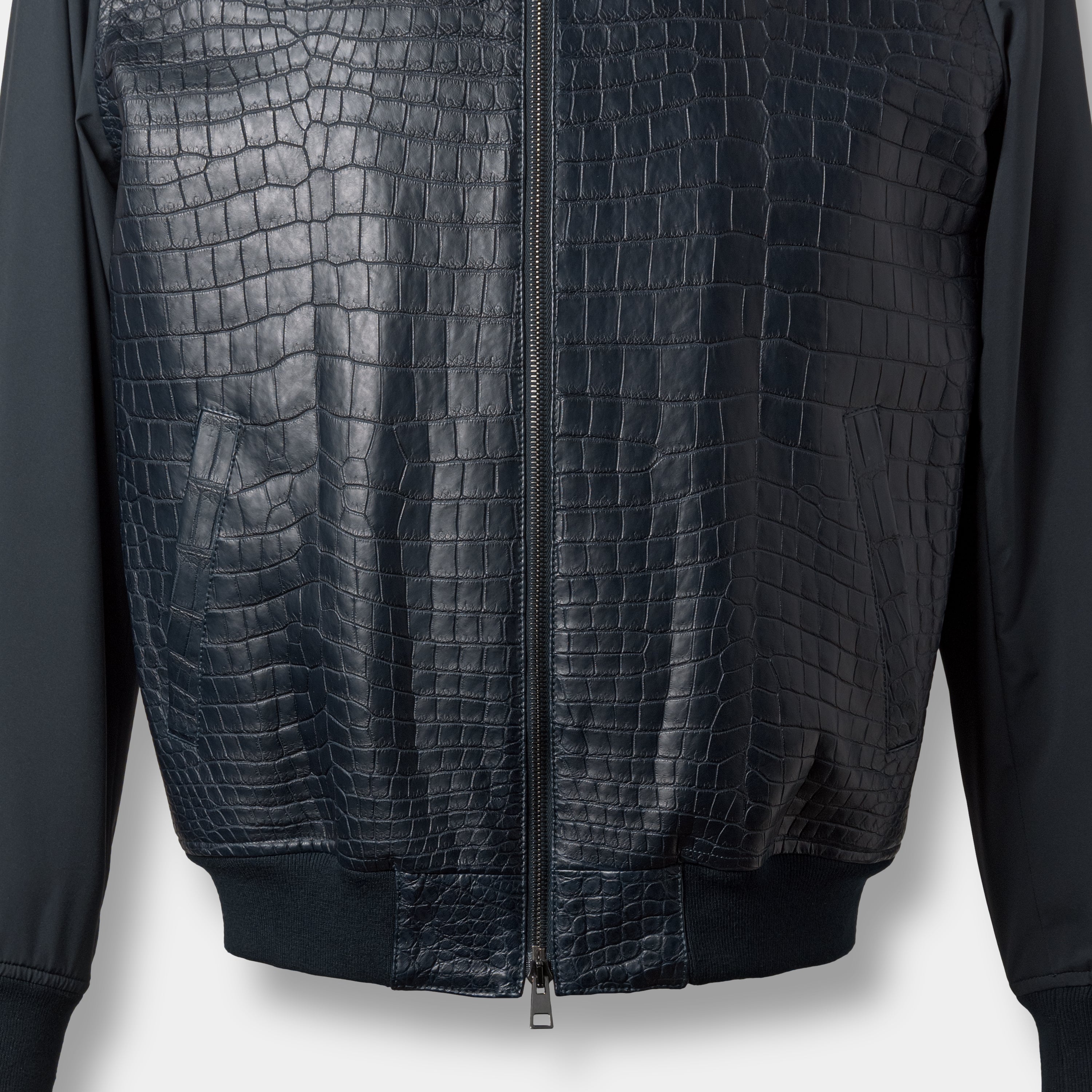 Monaco light bomber front lower view, crocodile leather panel and rib knit hem – Elitter Milano