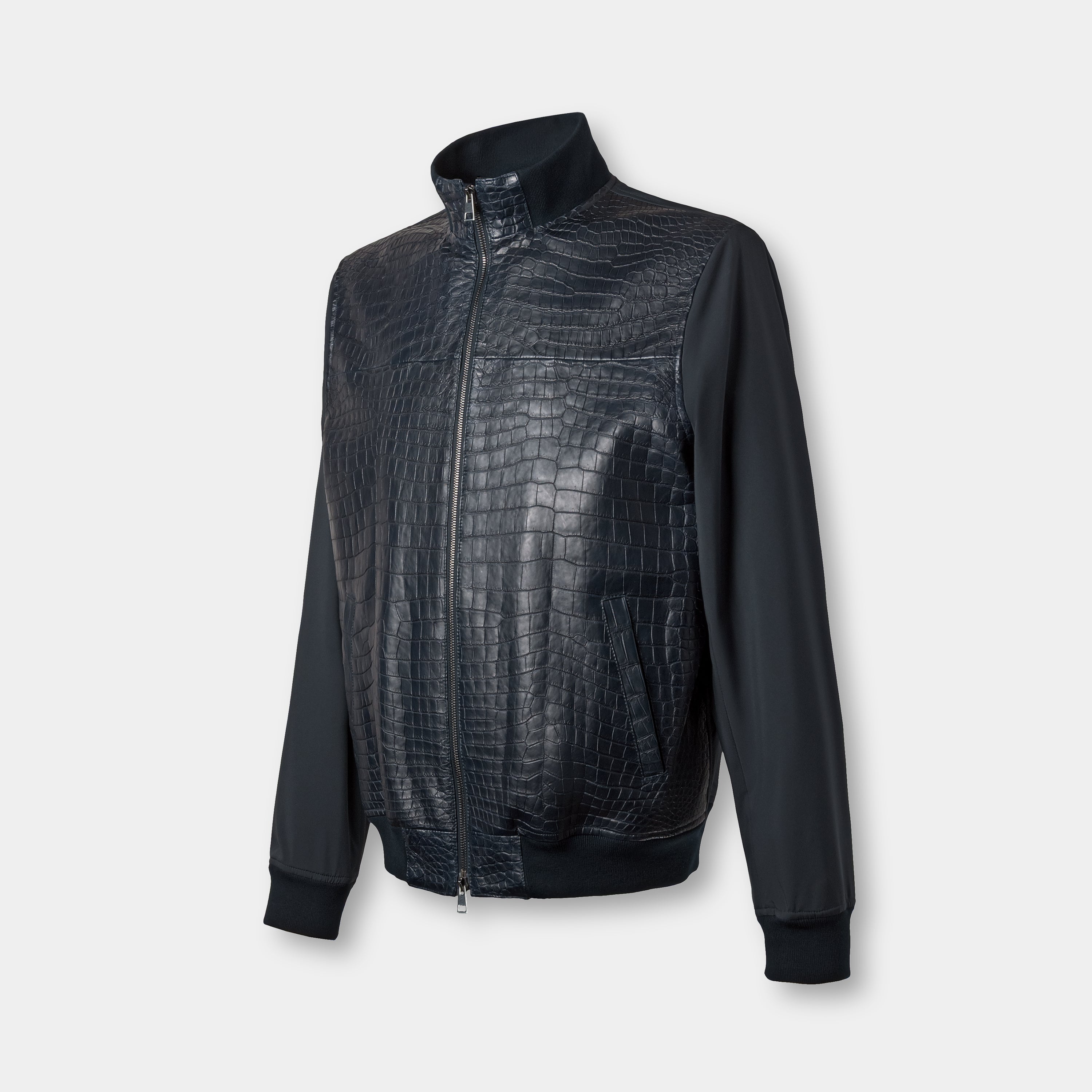 Monaco light bomber three-quarter front view, crocodile leather and technical nylon jacket – Elitter Milano