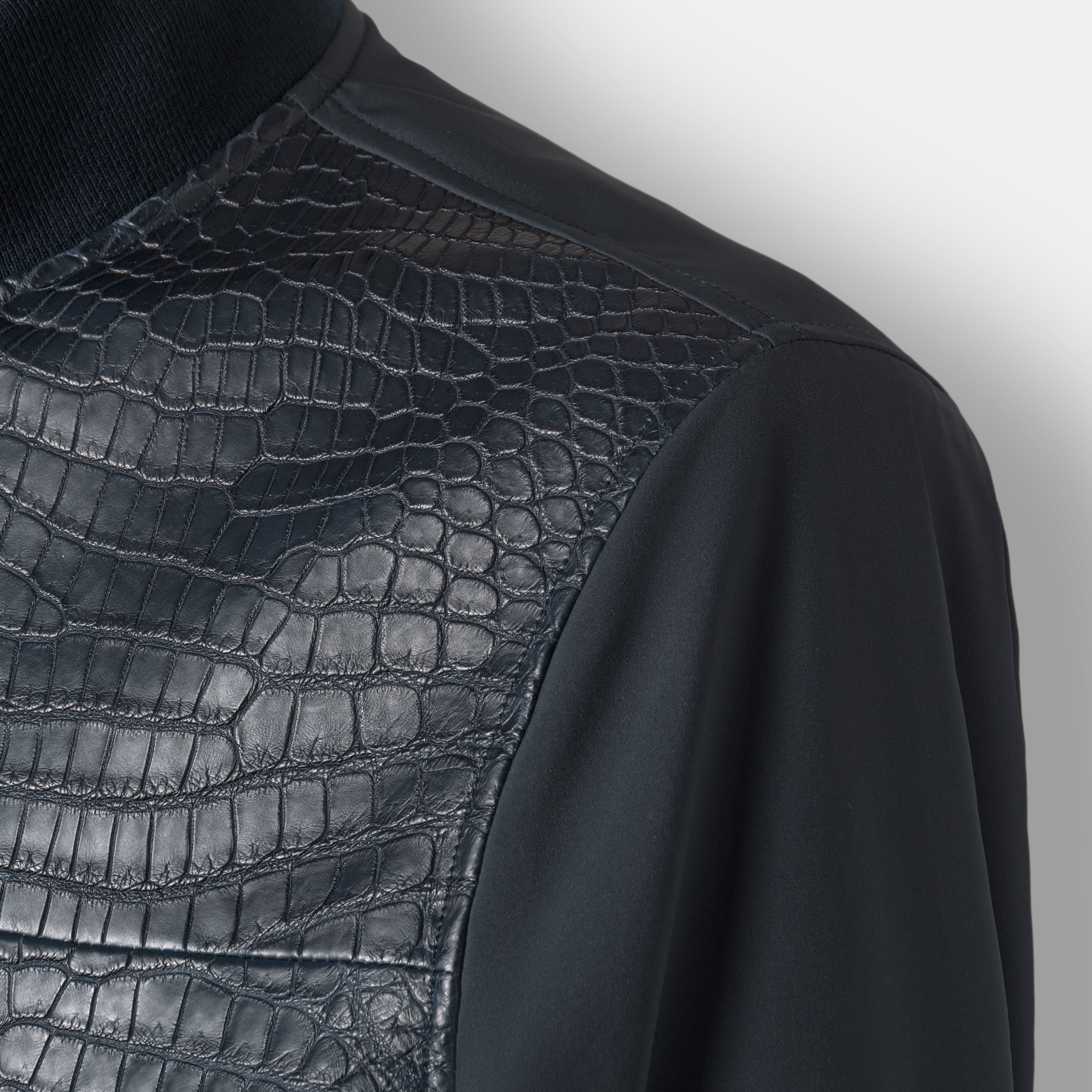 Monaco light bomber shoulder detail, crocodile leather panel and technical nylon sleeve – Elitter Milano