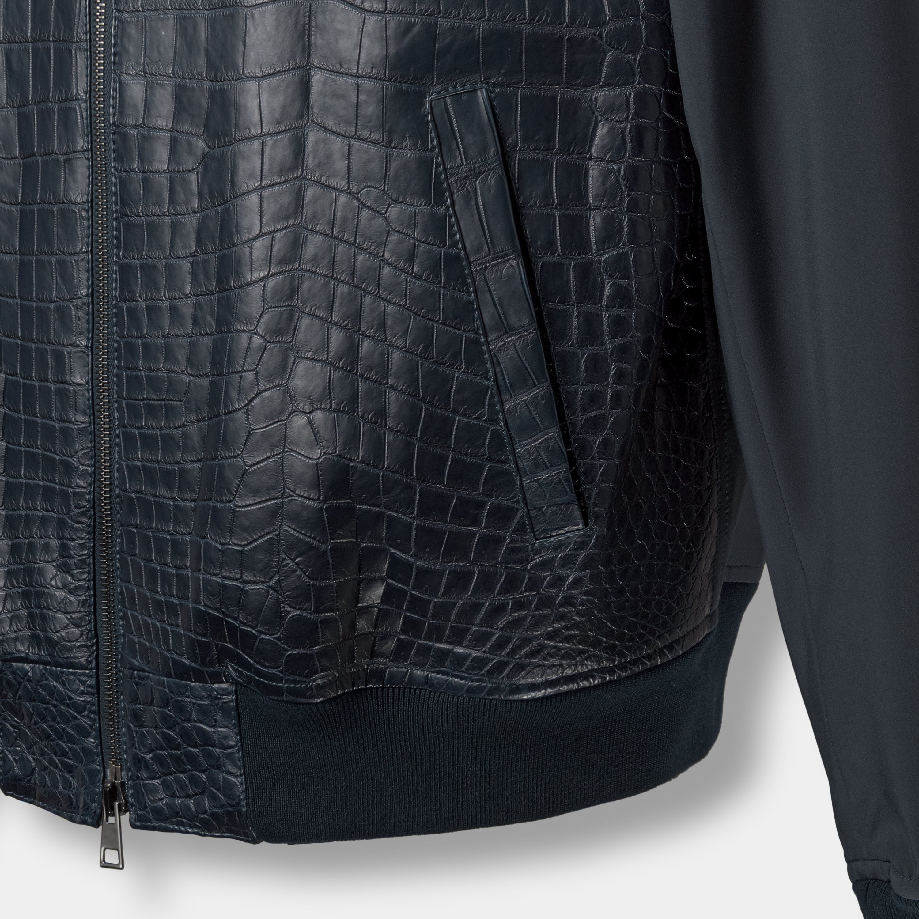 Monaco light bomber side pocket detail, crocodile leather and rib knit trim – Elitter Milano