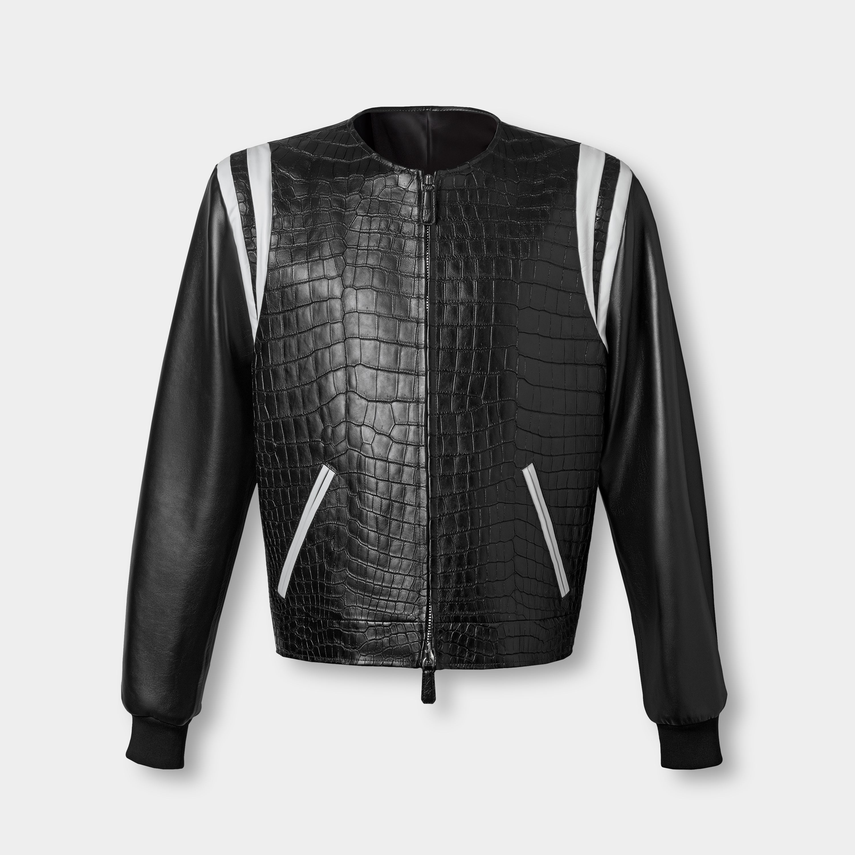 Jack varsity front view flat lay, black crocodile leather and nappa with white stripe detail – Elitter Milano
