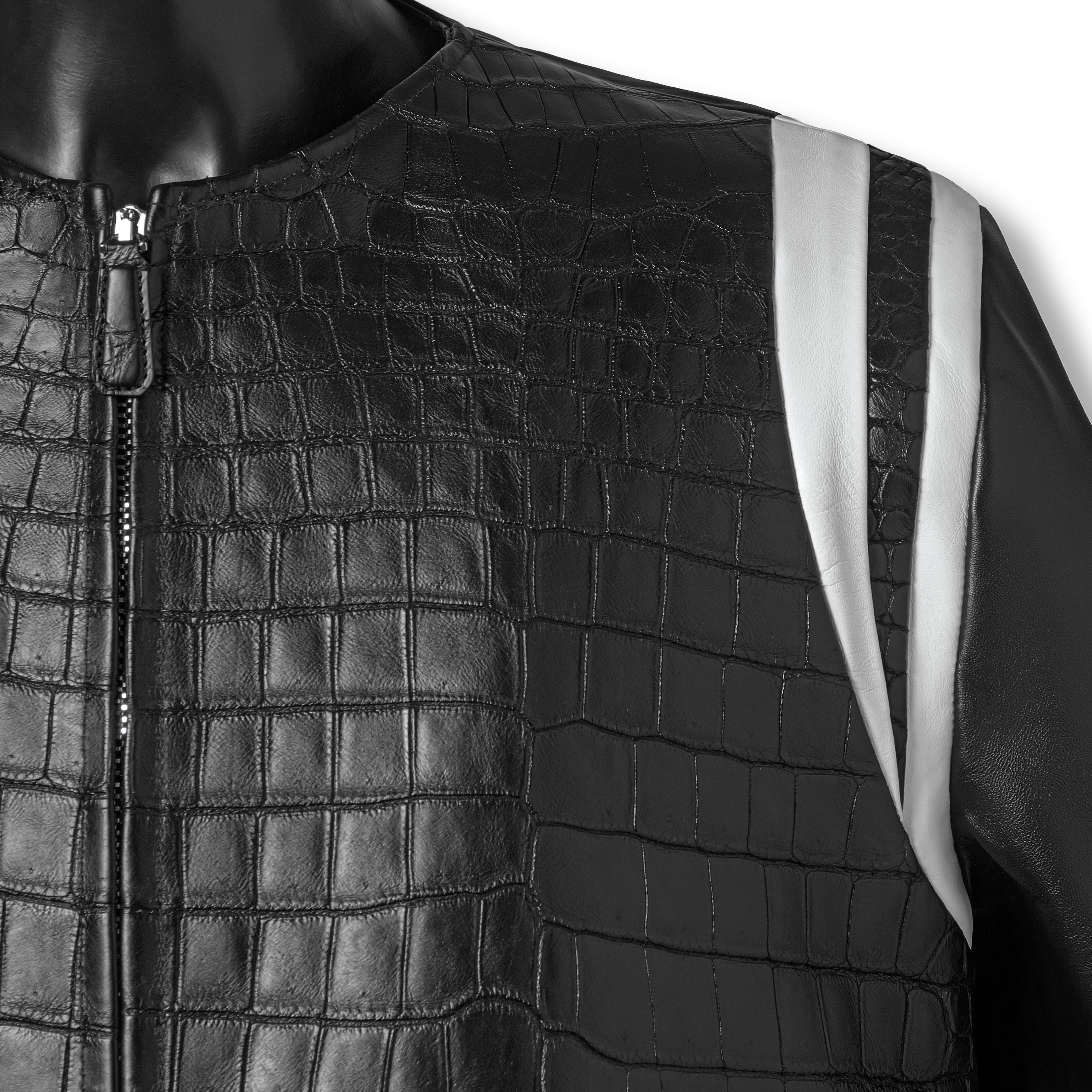 Jack varsity collar and zip close-up, black crocodile leather and silver zip detail – Elitter Milano