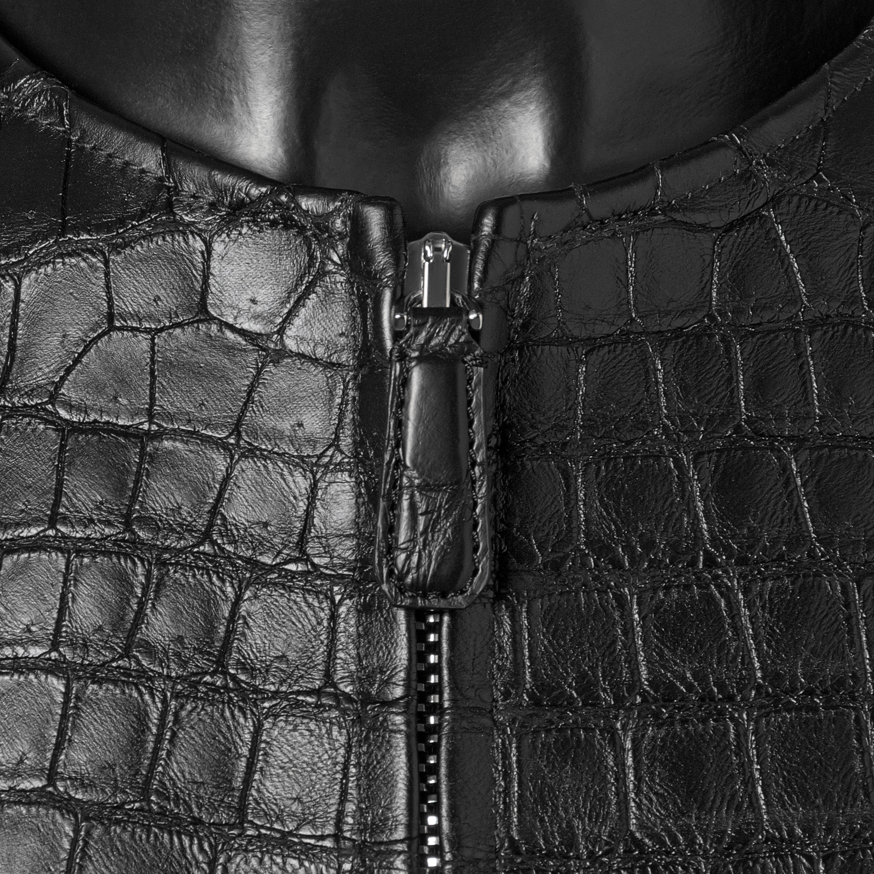 Jack varsity front view on mannequin, black crocodile leather body and nappa sleeves with white stripes – Elitter Milano