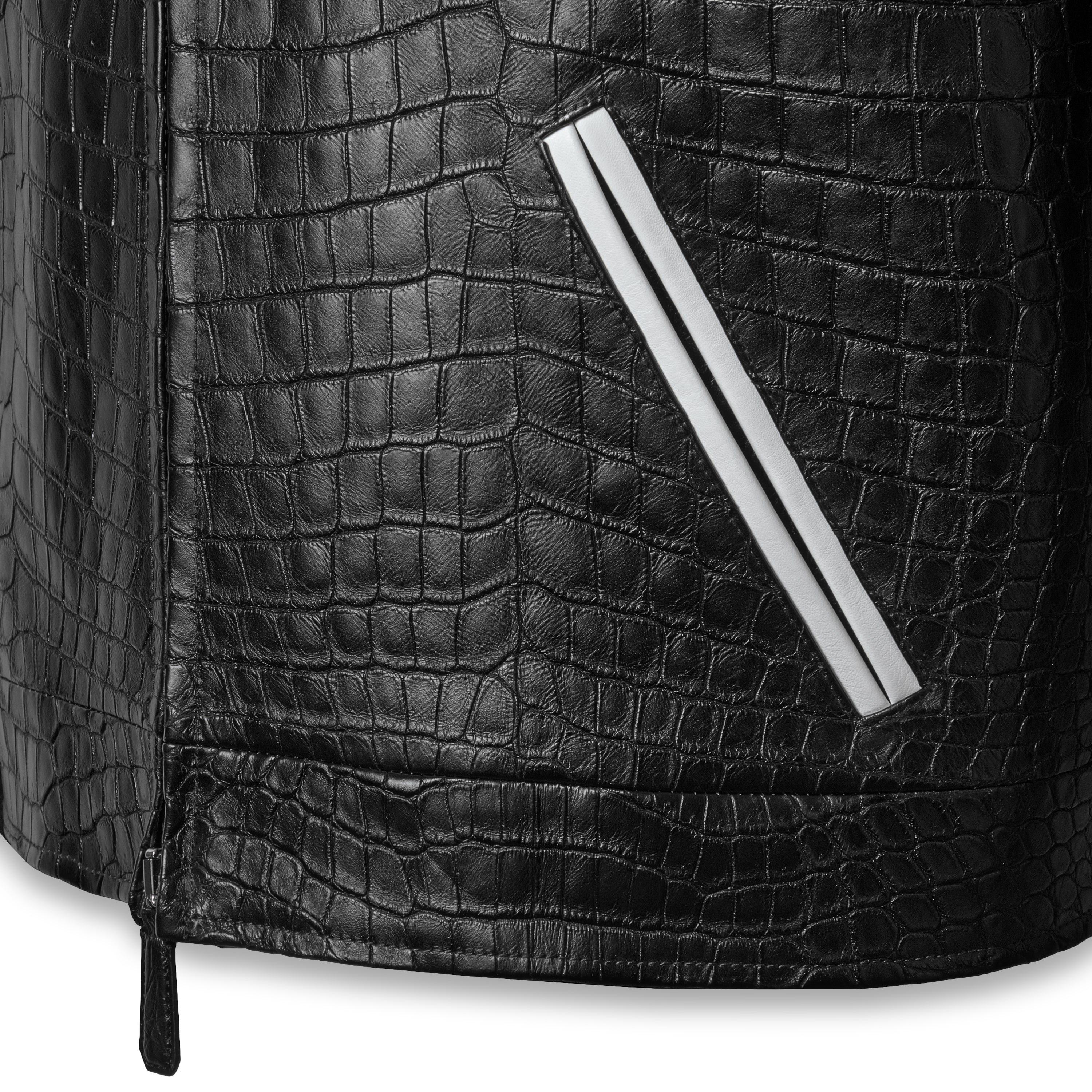 Jack varsity side pocket detail, black crocodile leather with silver bar hardware and hem zip – Elitter Milano