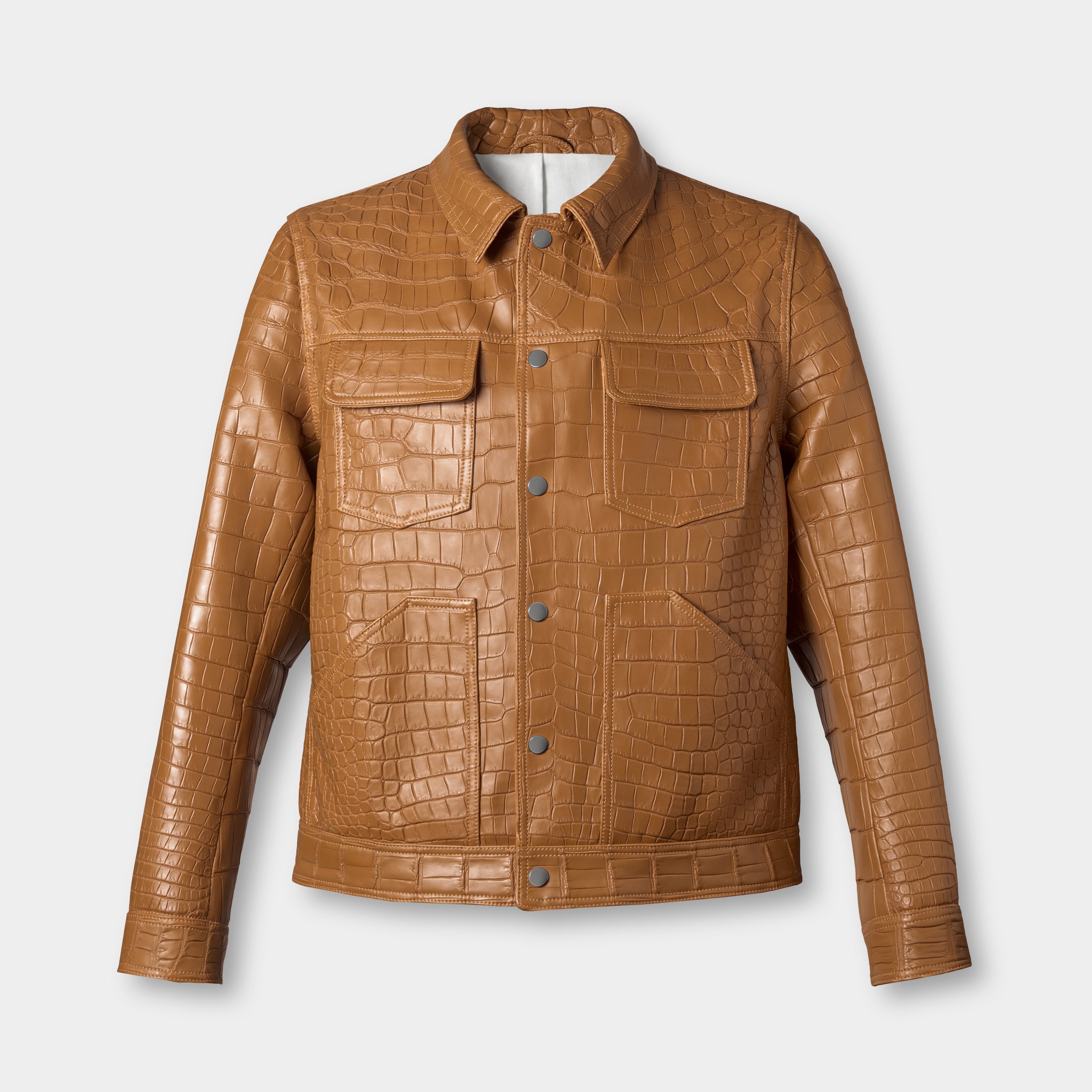 Barcelona trucker front view, crocodile leather jacket – Elitter Milano