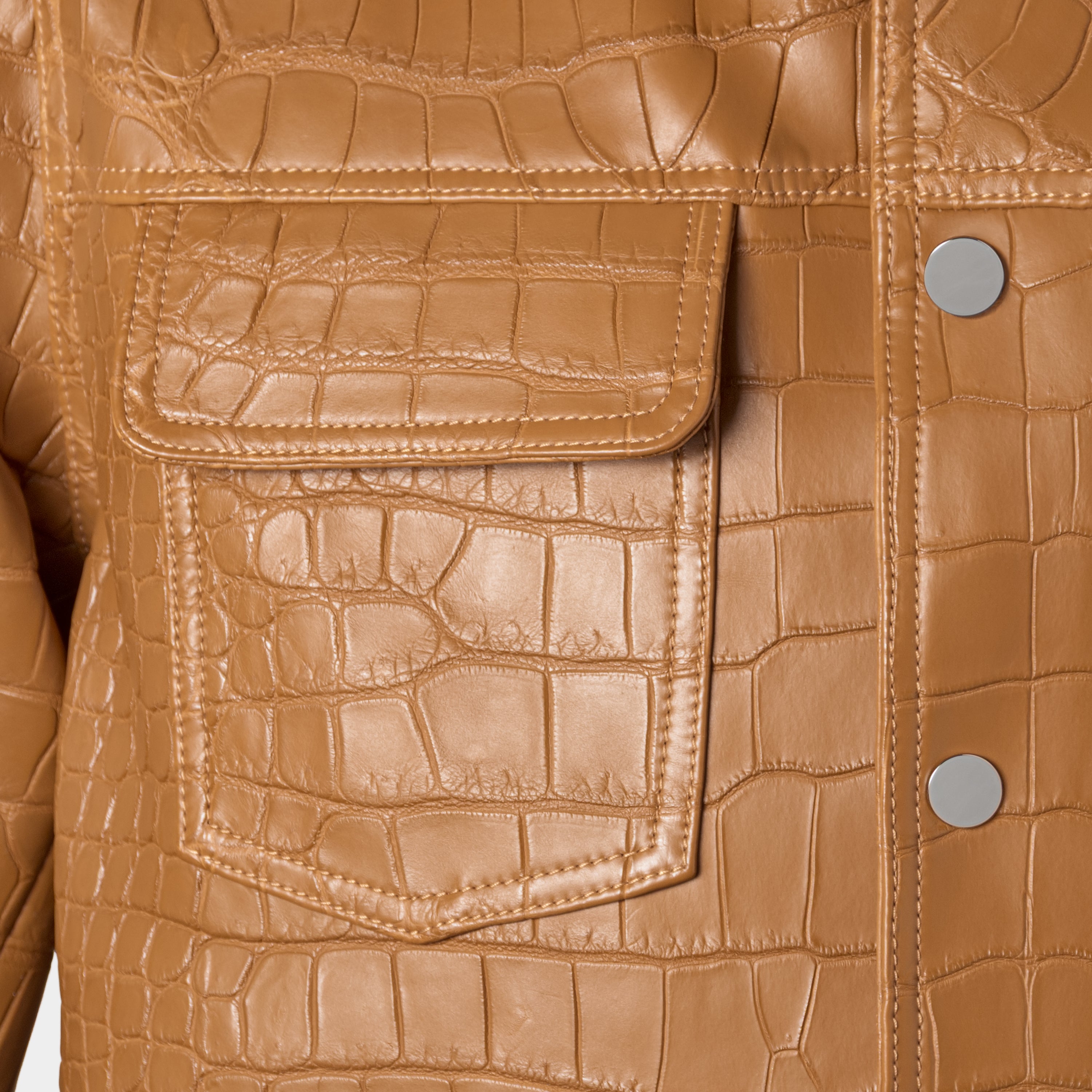 Barcelona trucker pocket close-up, crocodile leather jacket – Elitter Milano