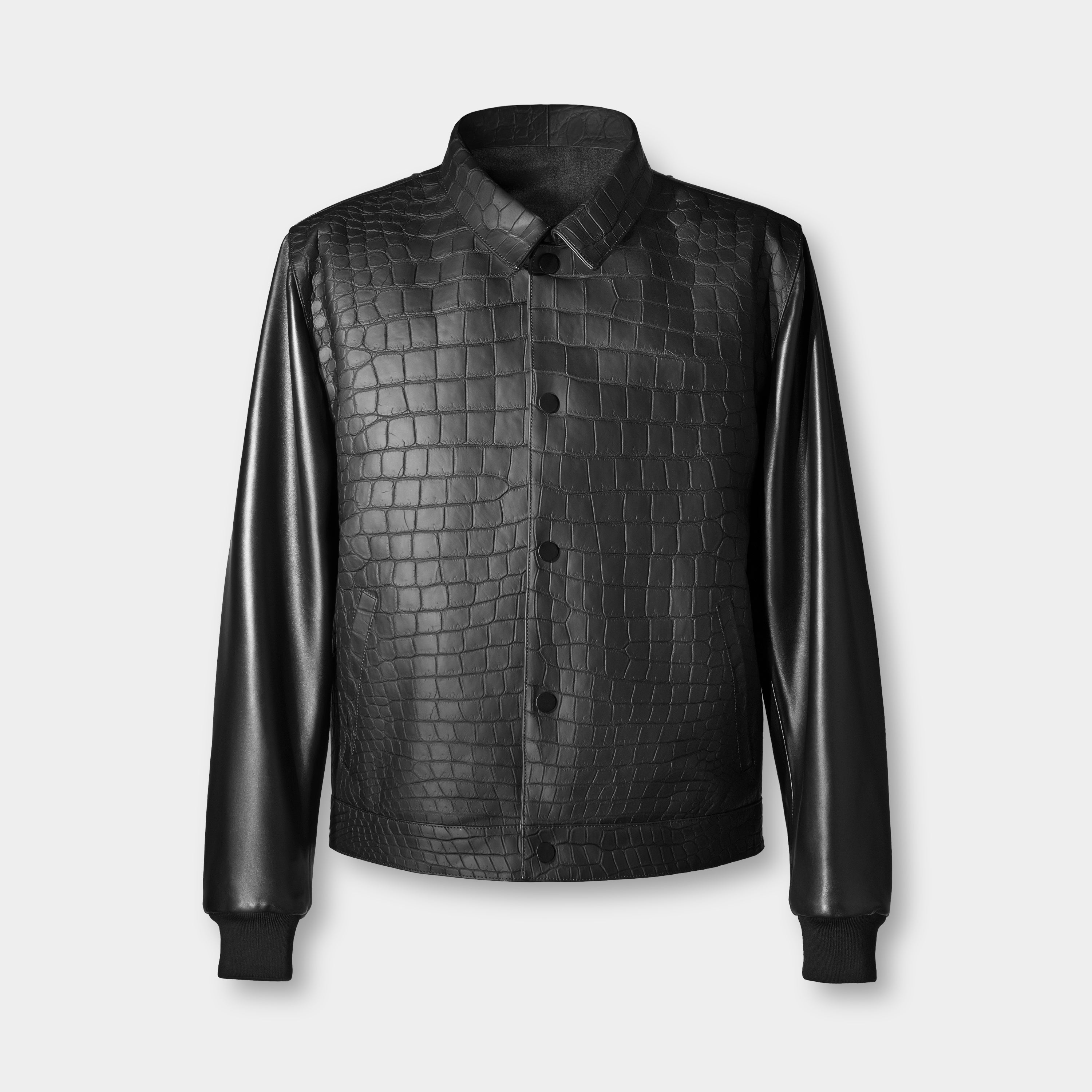 GQ shirt collar jacket front view flat lay, crocodile and nappa leather – Elitter Milano