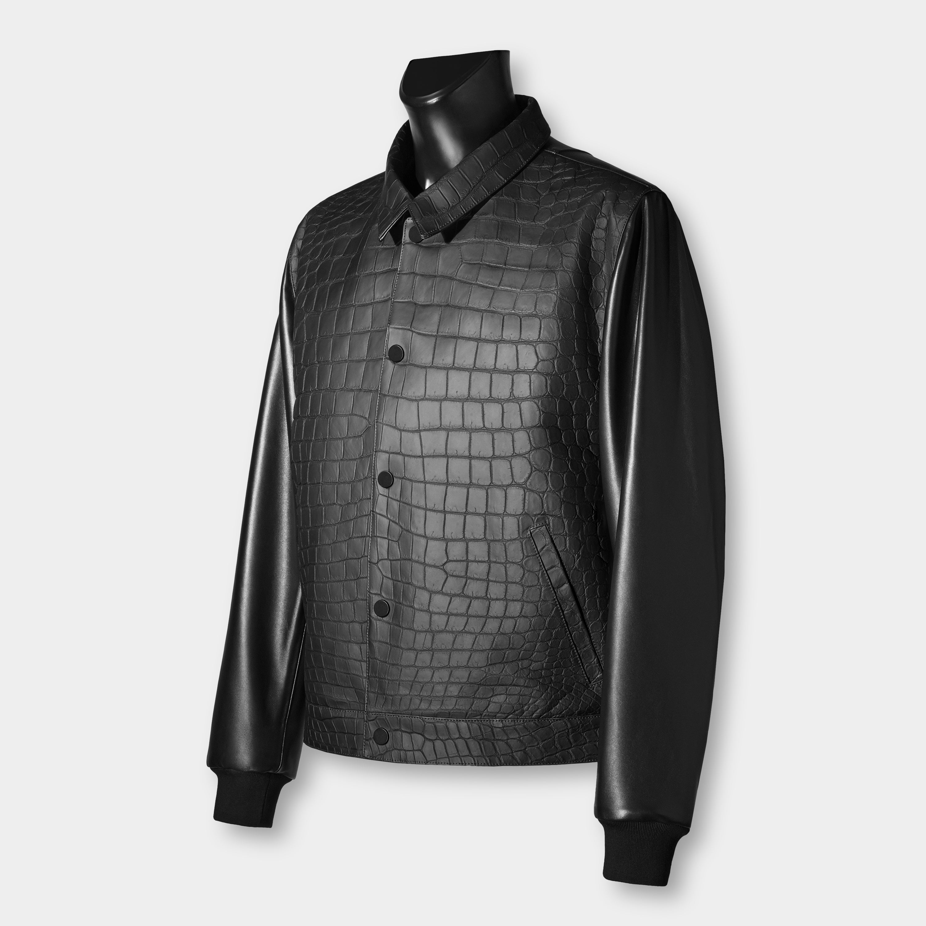 GQ shirt collar jacket three-quarter view on mannequin, crocodile leather – Elitter Milano