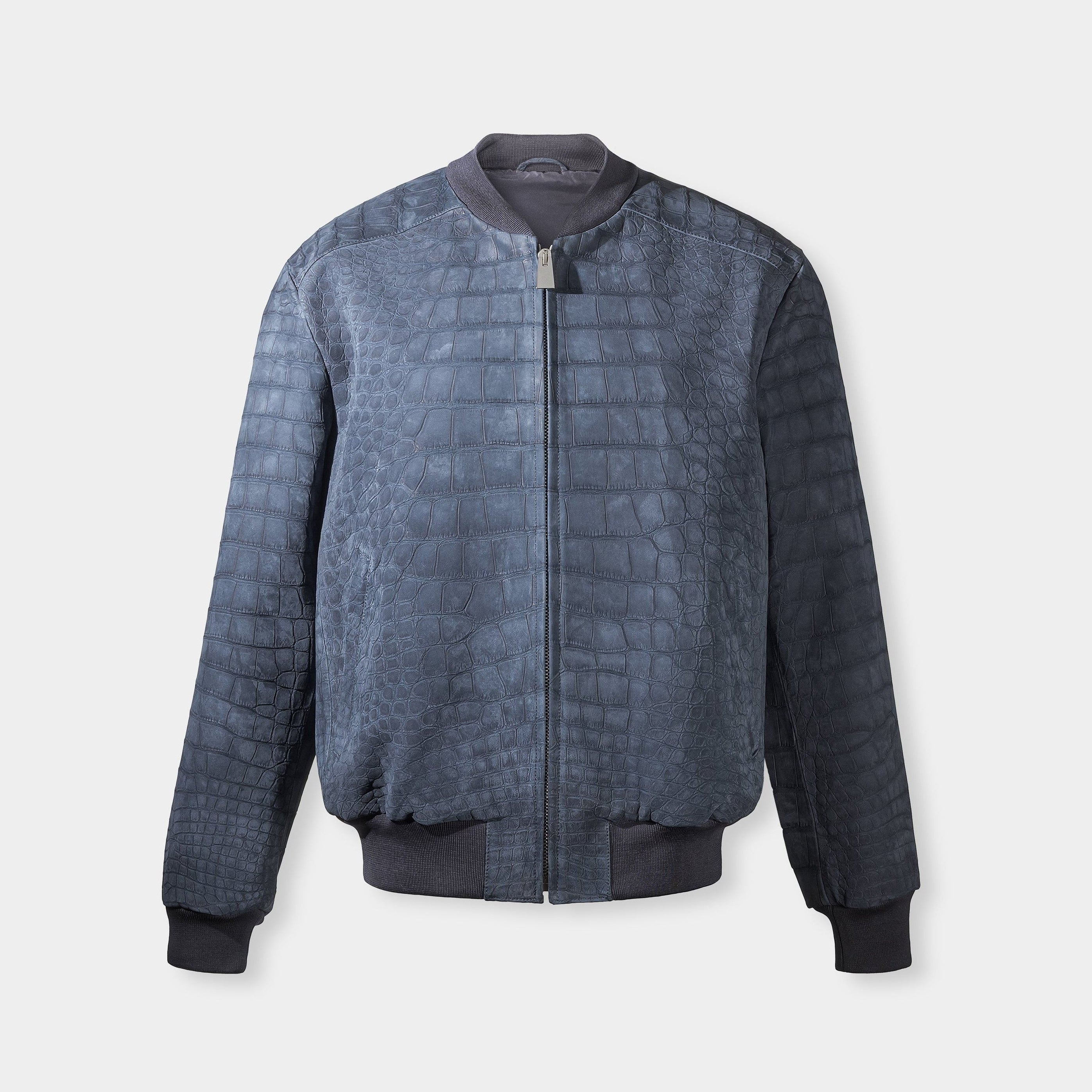 New York bomber front view flat lay, blue nubuck alligator leather jacket – Elitter Milano