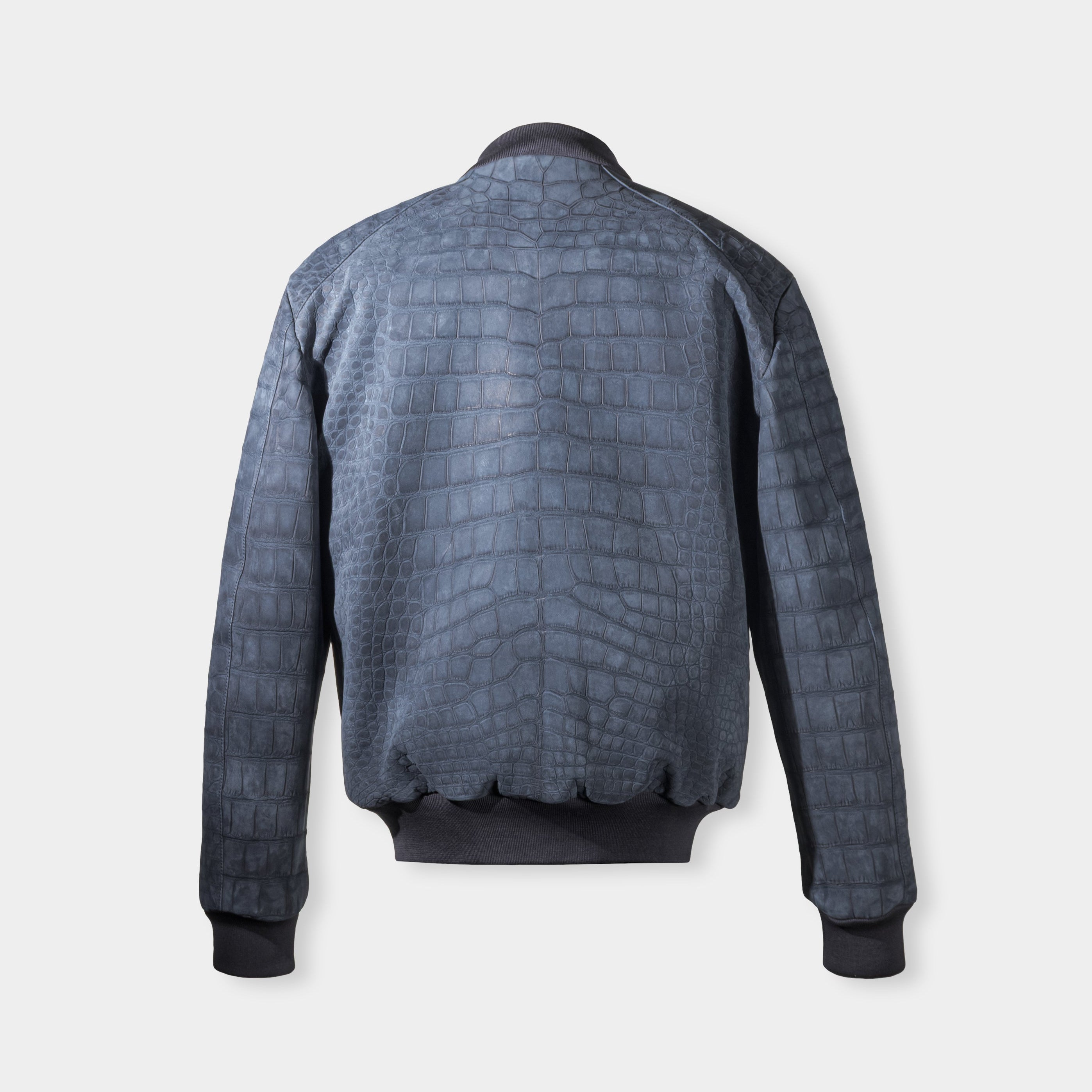New York bomber back view flat lay, blue nubuck alligator leather jacket – Elitter Milano