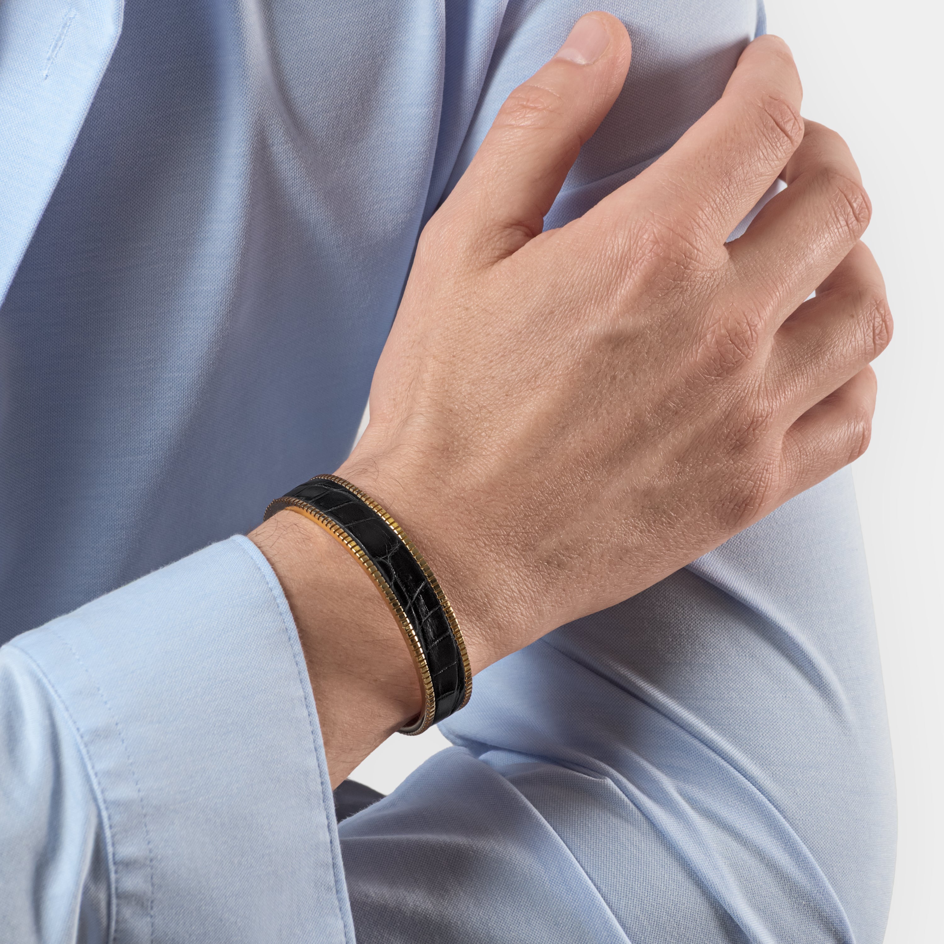 crocodile leather bracelet signum small gold black worn man