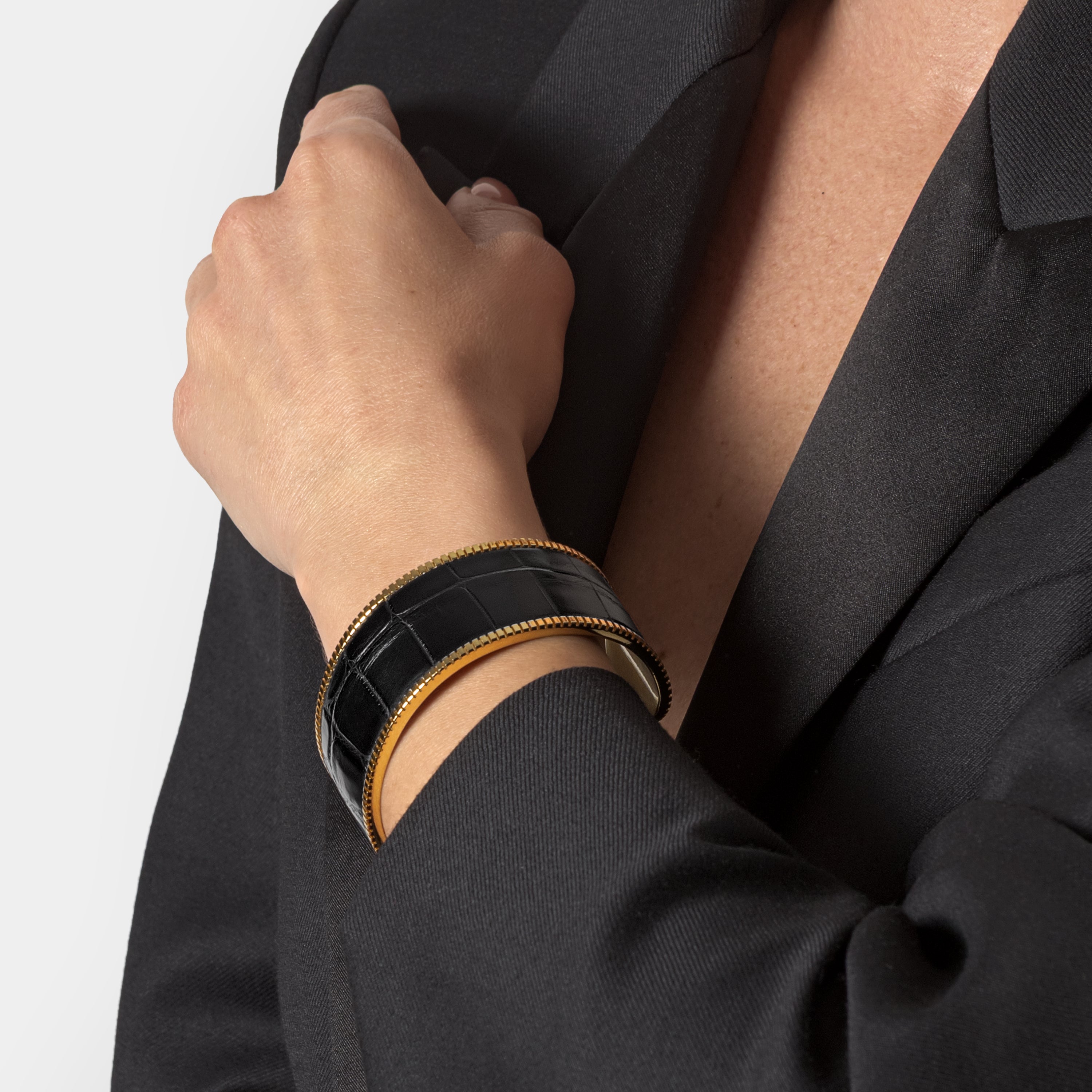 crocodile leather bracelet signum big gold black worn