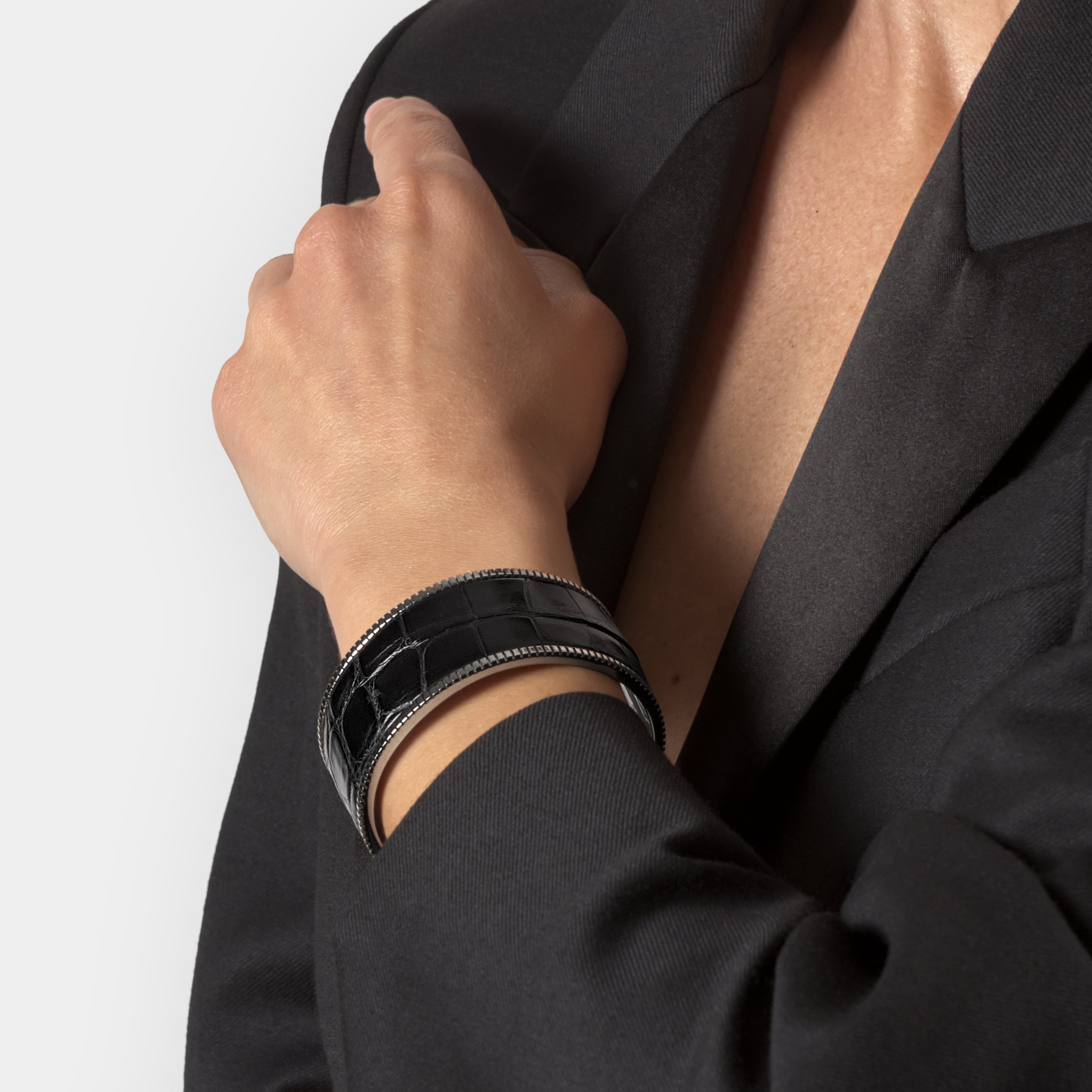 crocodile leather bracelet signum big palladium black worn