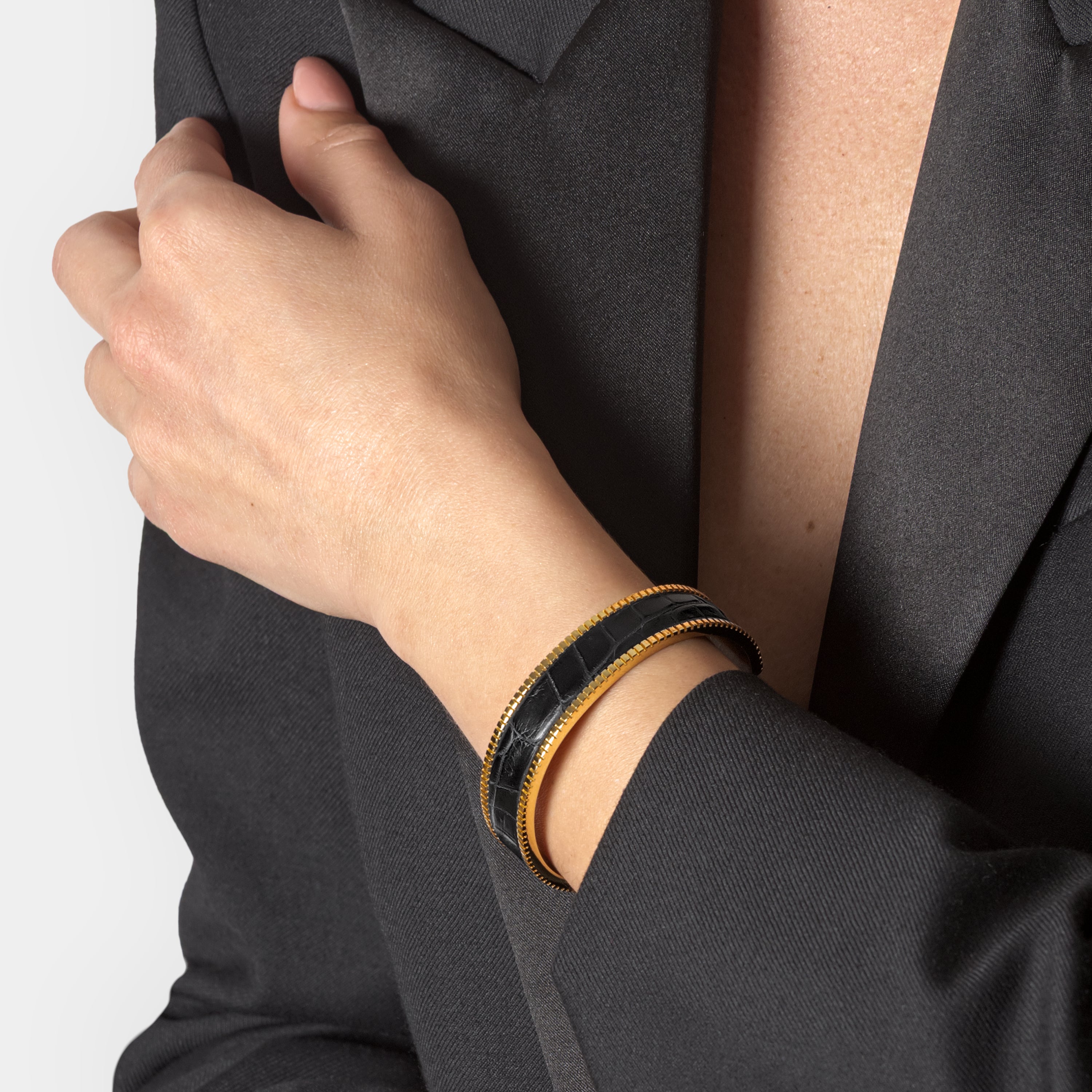crocodile leather bracelet signum small gold black worn