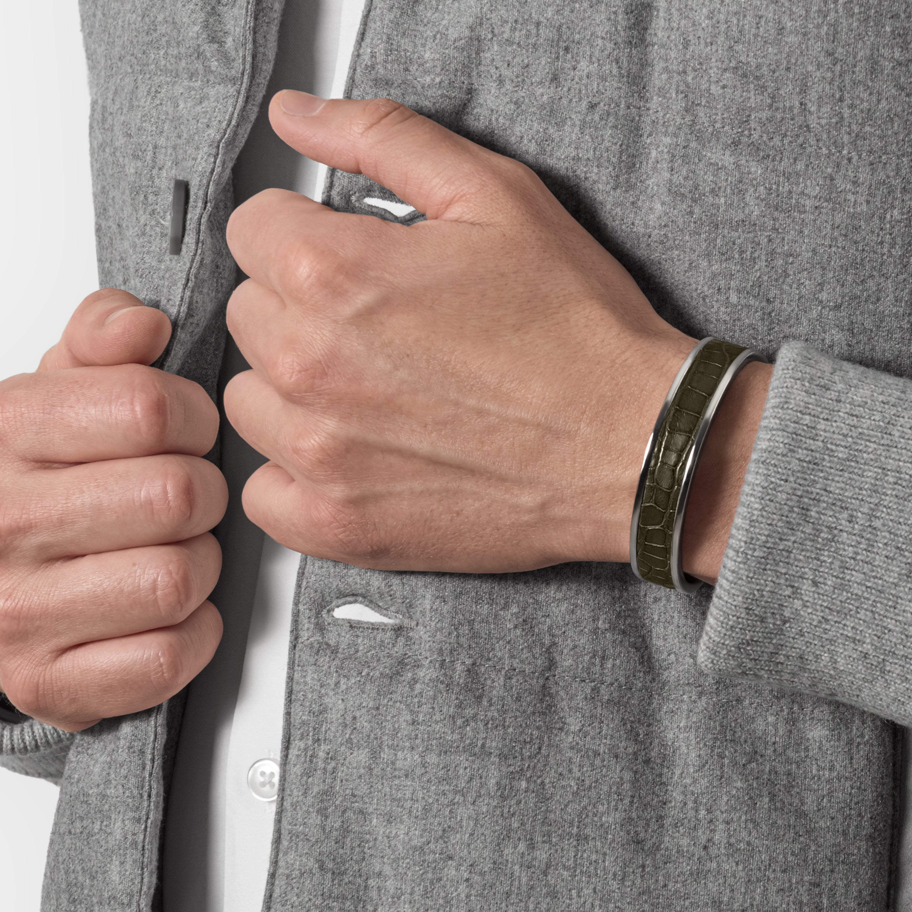 crocodile leather bracelet purum small palladium olive green worn man