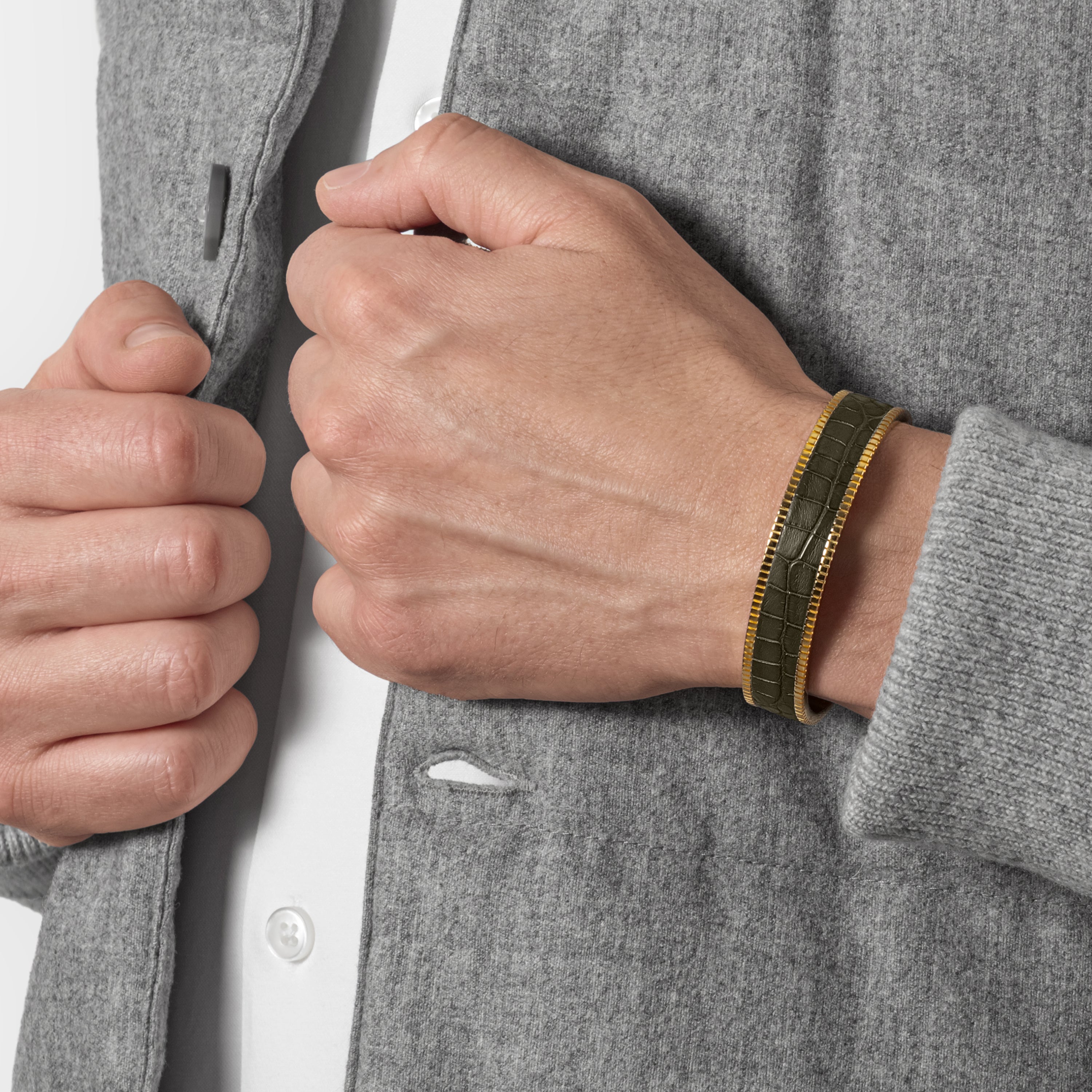 crocodile leather bracelet signum small gold olive green worn man