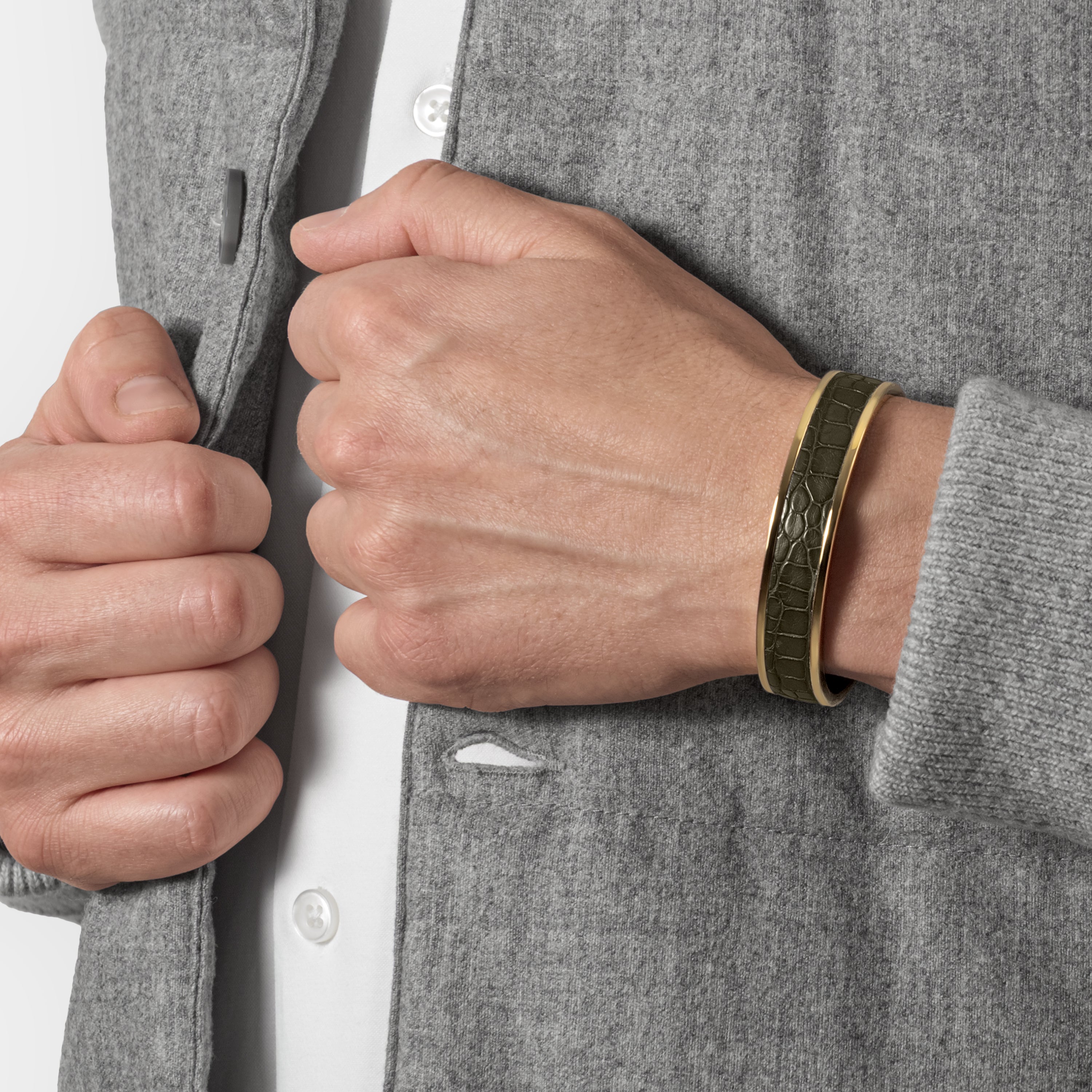 crocodile leather bracelet purum small gold olive green worn man