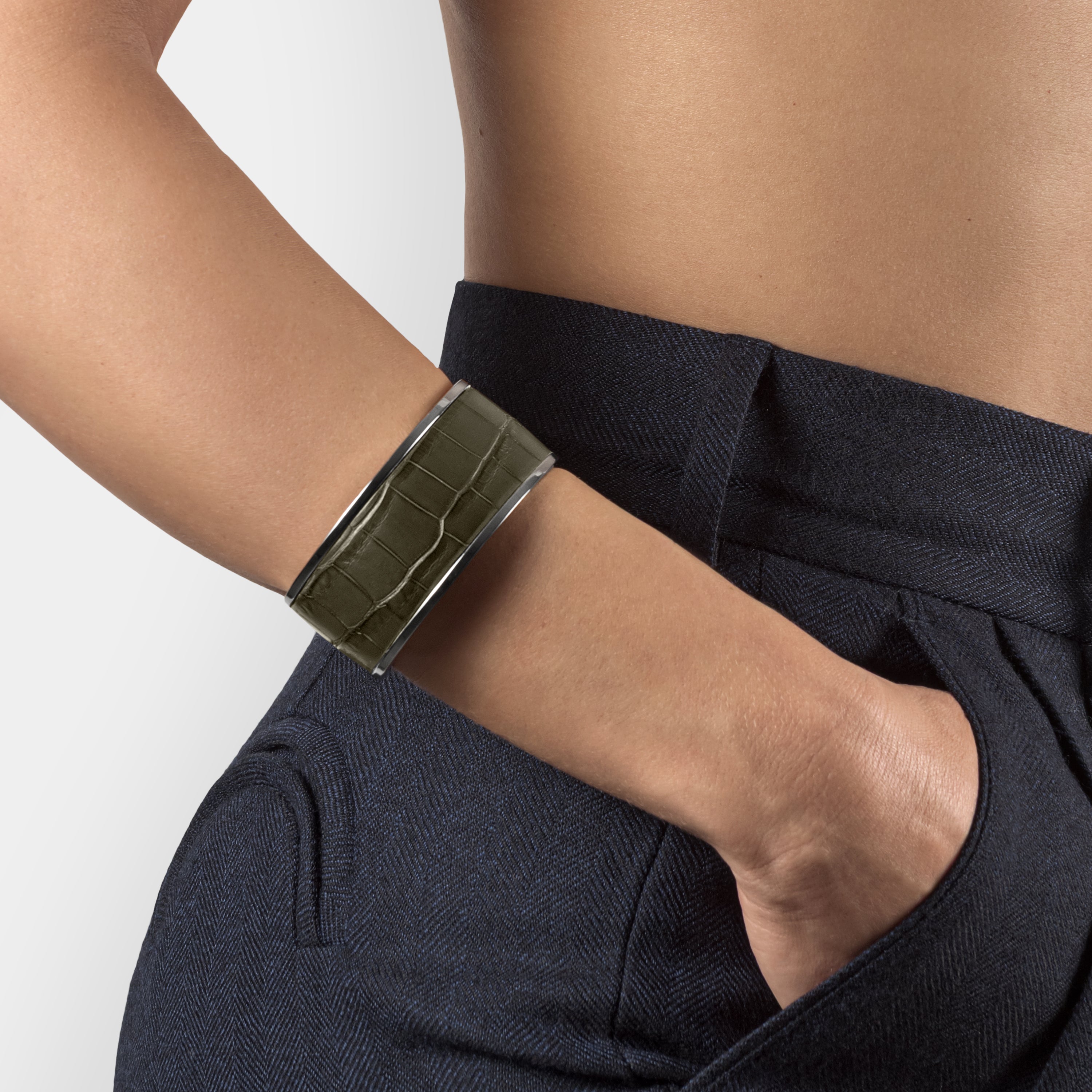crocodile leather bracelet purum big palladium olive green worn