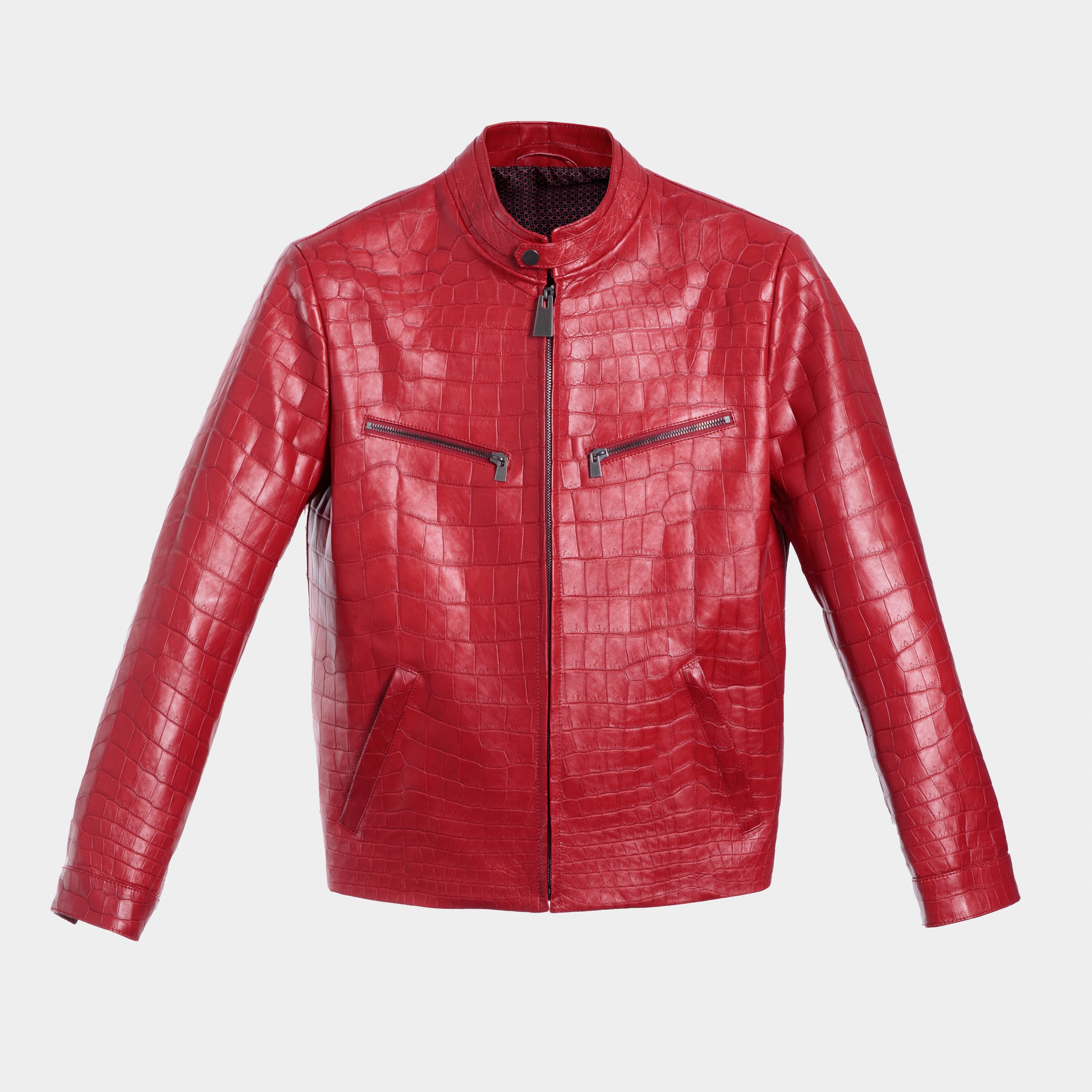 Venezia biker front view flat lay, red crocodile leather jacket – Elitter Milano