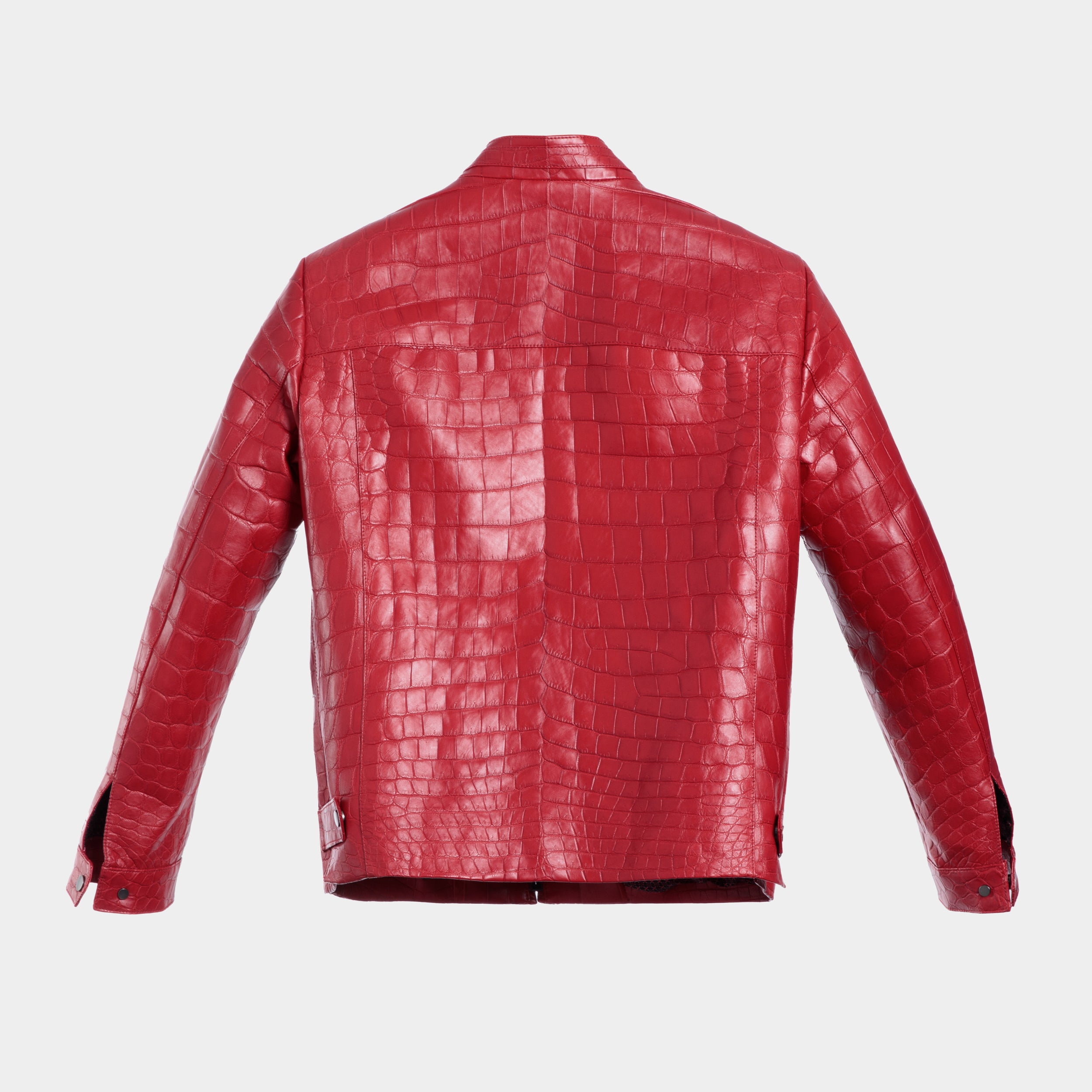 Venezia biker back view flat lay, red crocodile leather jacket – Elitter Milano