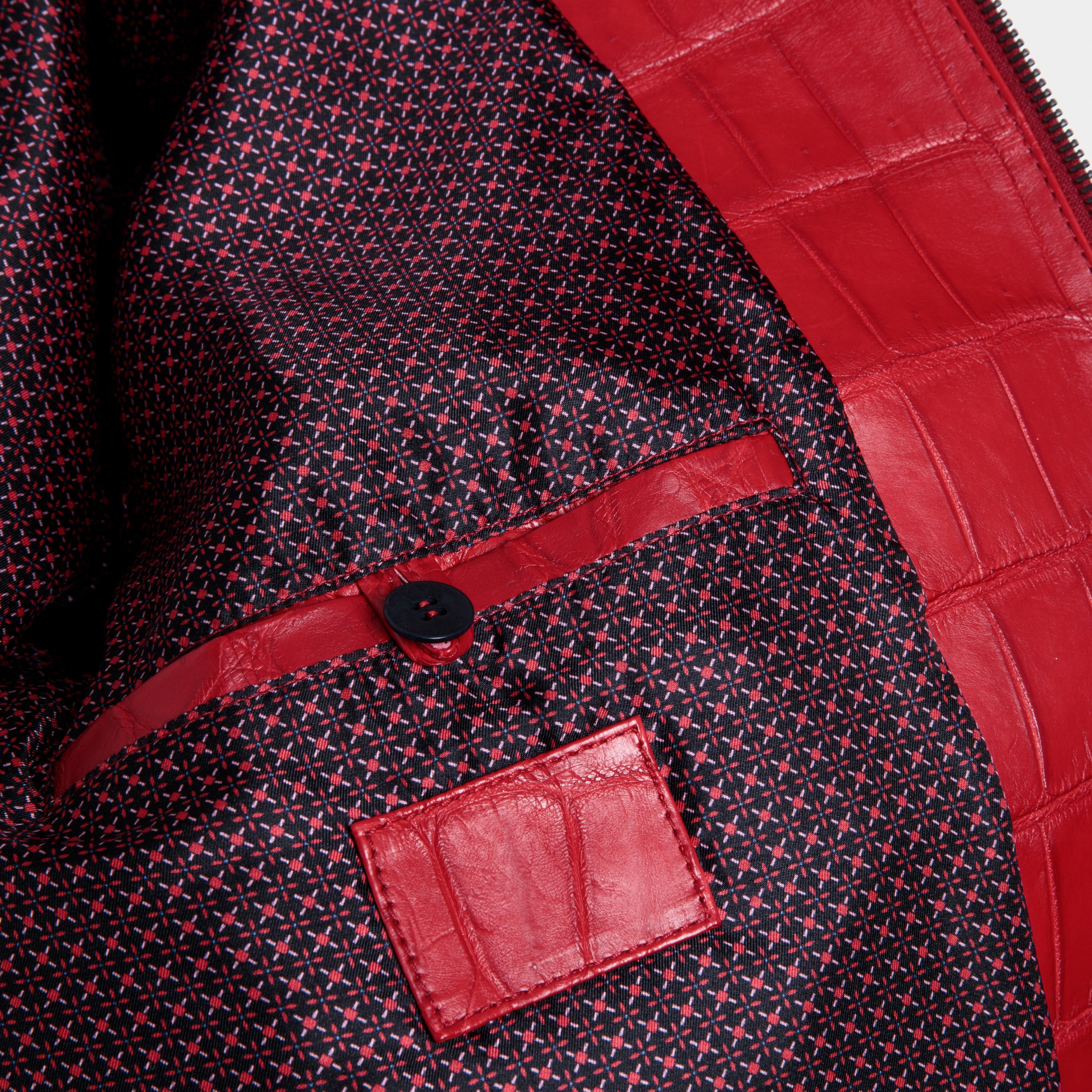 Venezia biker interior lining detail, jacquard fabric and crocodile leather pockets – Elitter Milano